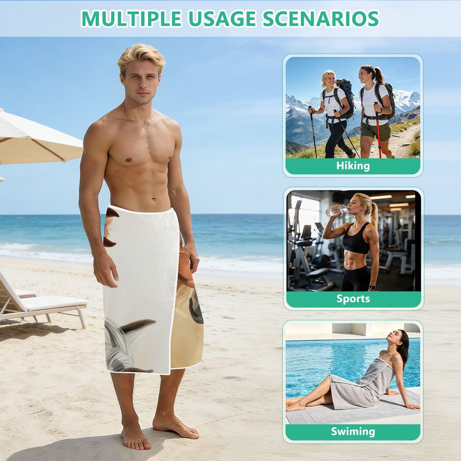 Toallas de playa grandes con bolsas de malla para adultos, toalla de baño de caballo blanco y caballos marrones con cierre magnético, toalla absorbente de secado rápido para piscina, camping y