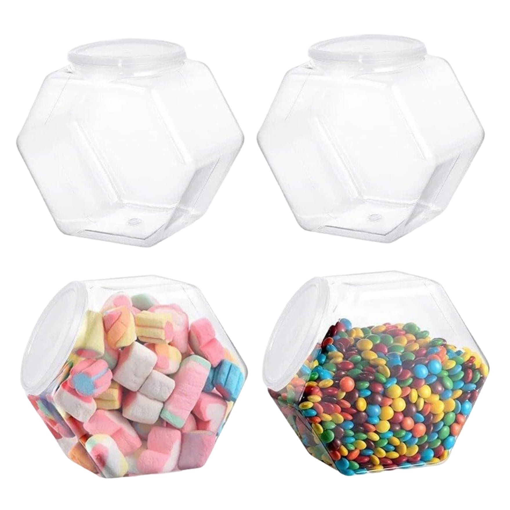 Hperu Sweet Jars, 4Pcs 850ml Clear Plastic Hexagon Cookie Jar with Lids for Candy Cereal Snack - Plastic Jars with Lids