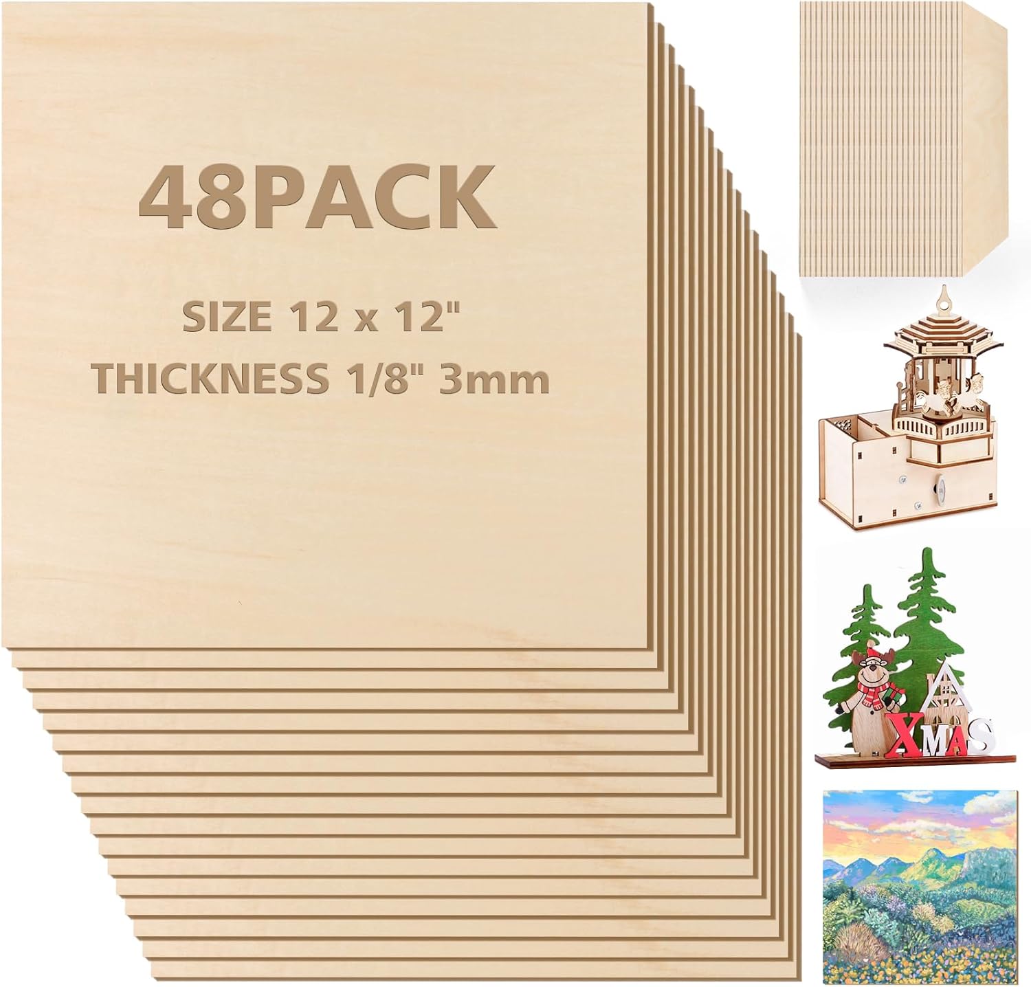 Adrattnay Basswood Sheets 3mm - 1/8 x 12 x 12inch, 48pcs Square Laser Basswood Plywood for Laser Cutting & Engraving DIY Crafts, Wood Burning, Painting, Architectural Model Building