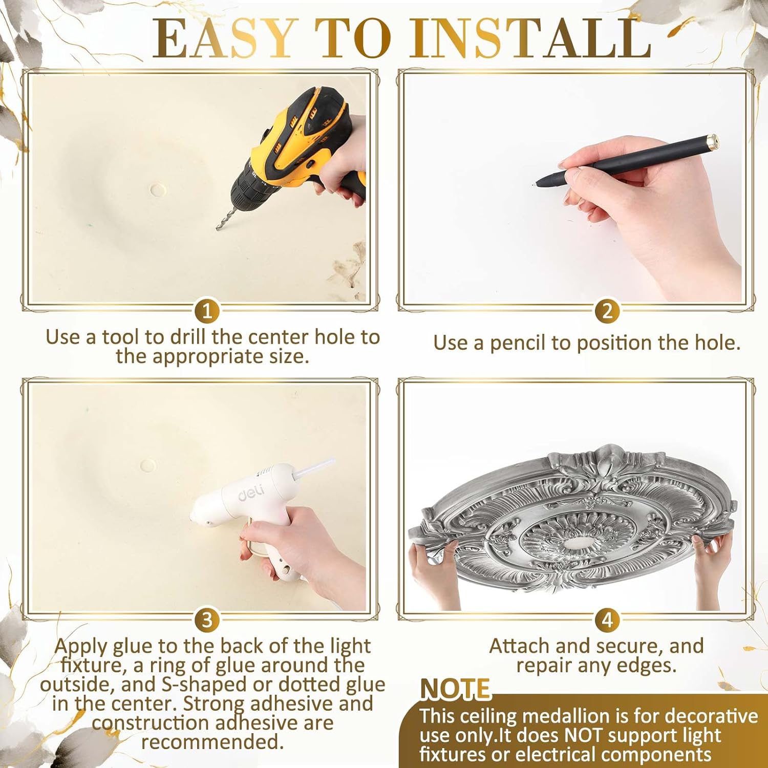 Leinuosen 26" OD x 2"ID Lighting Ceiling Medallion PU Decorative Ceiling Fan Chandelier Medallion Round Large Cover Plate French Retro Silver Decoration for Home Light Fixtures Decorative