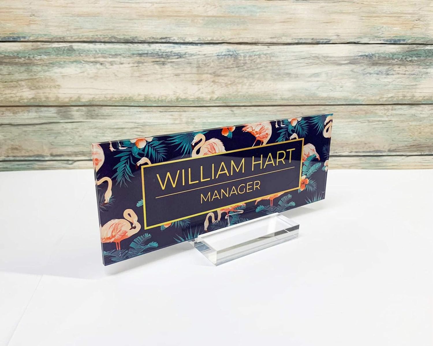 Flamingo Bird Tropical flowersDesk Name Plate, Custom Name Sign, Personalized Wood Desk Name, Customized Desk Name - (8"x3")