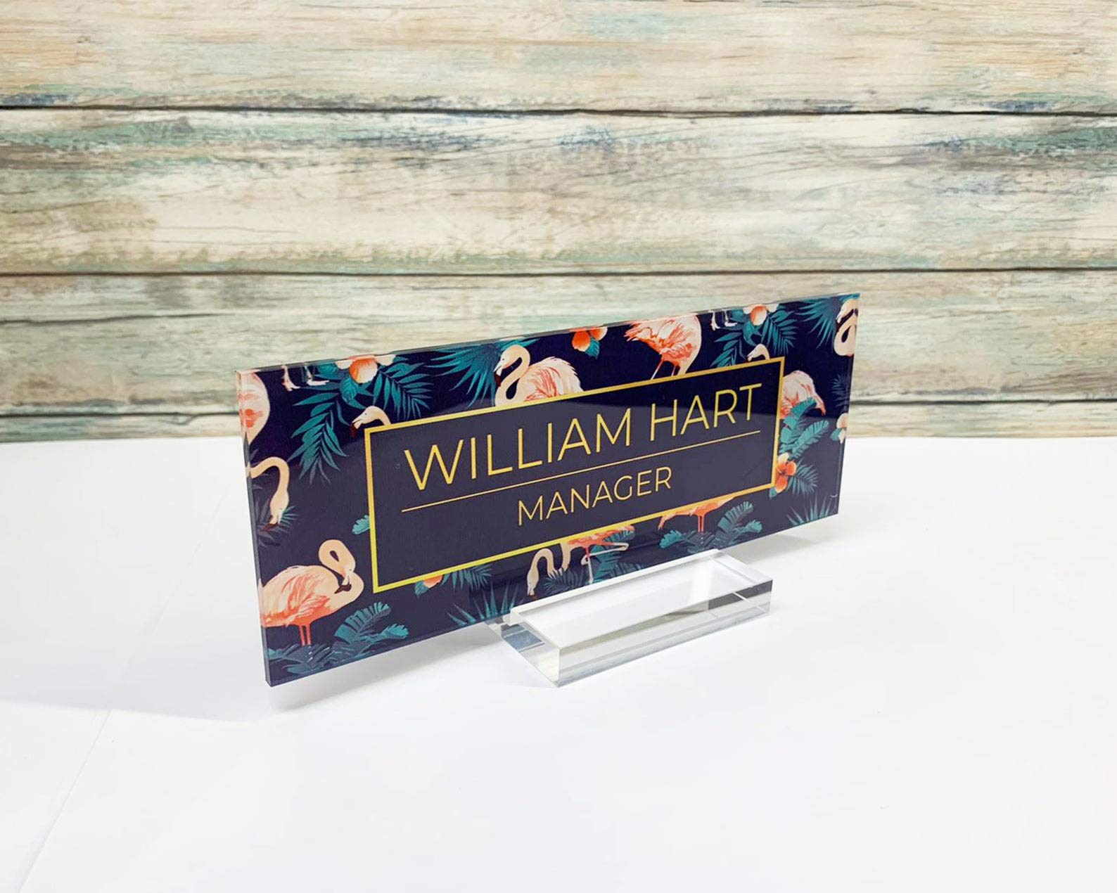 Flamingo Bird Tropical flowersDesk Name Plate, Custom Name Sign, Personalized Wood Desk Name, Customized Desk Name - (8"x3")