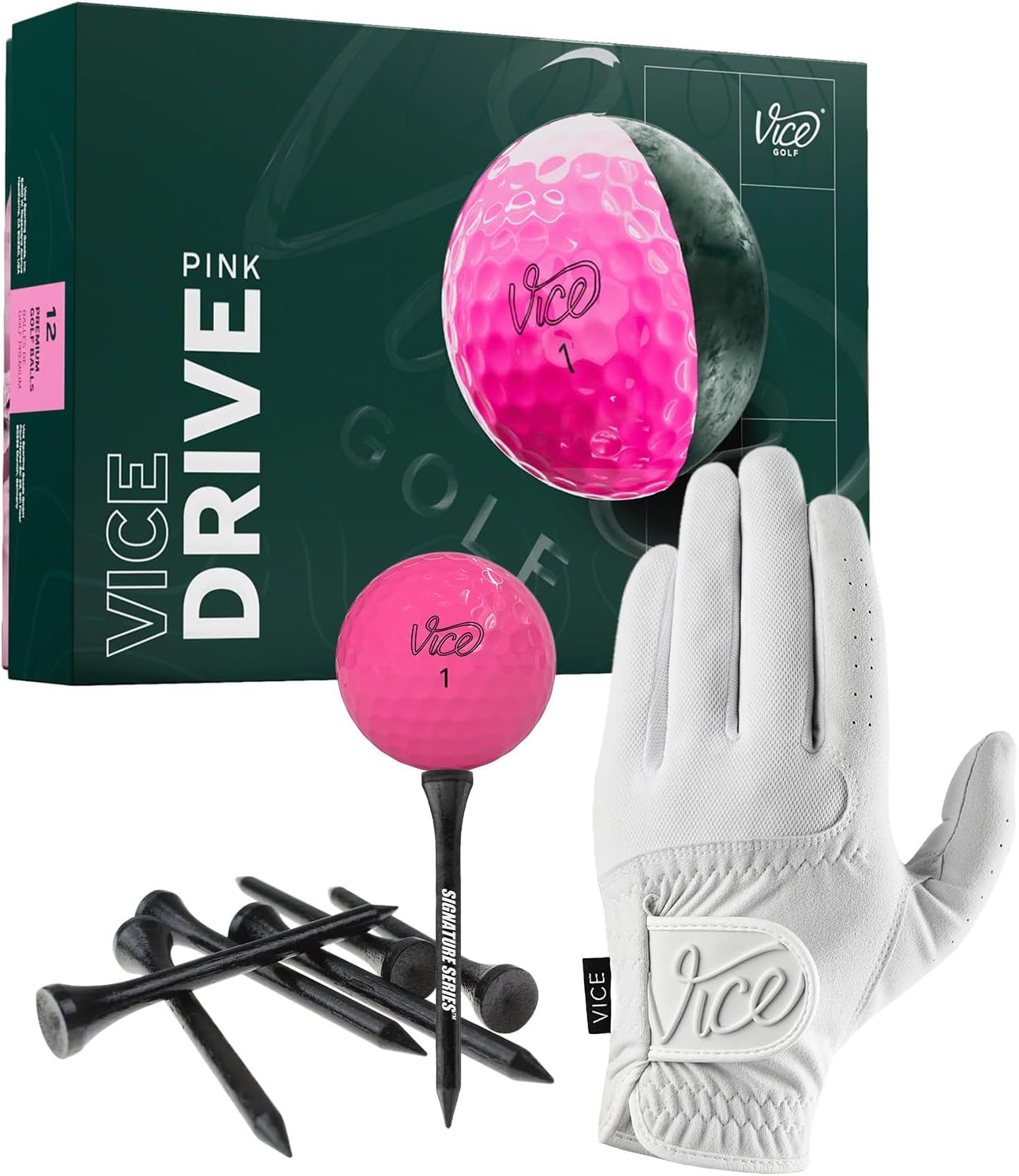 Certified Brands Vice Drive Golf Balls, with Duro White Glove, Right Hand | for More Distance, Higher Launch, Decreased Spin, 2-Piece, Surlyn Cover, High Compression | with Signature Series Tees