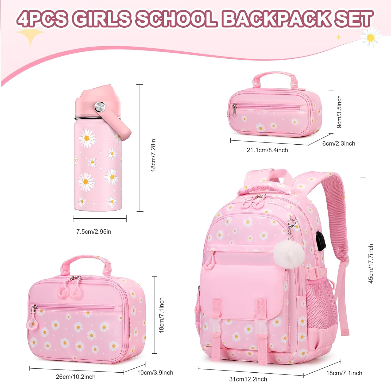 Scothen Girls Backpack with 14OZ Kids Water Bottle, 4PCS Kids School Backpack for Teen Girsl with Lunch Bag and Pencil Case, Girl Bookbag Schoolbag Set for Kindergarten Elementary Middle High School