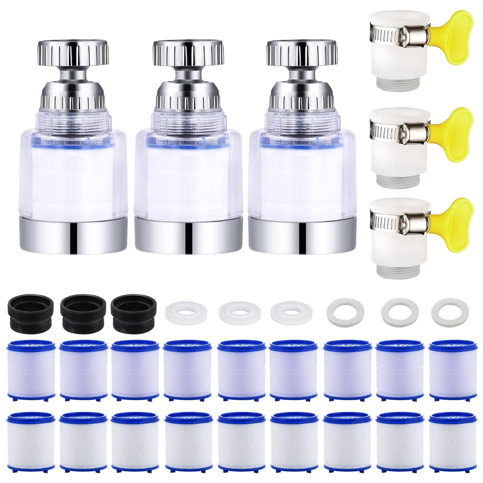 Lot de 3 filtres à eau en verre pur, transparent, avec 18 filtres interchangeables et connecteur universel à 3 poignées, rotation à 360 degrés pour cuisine, évier, salle de bain