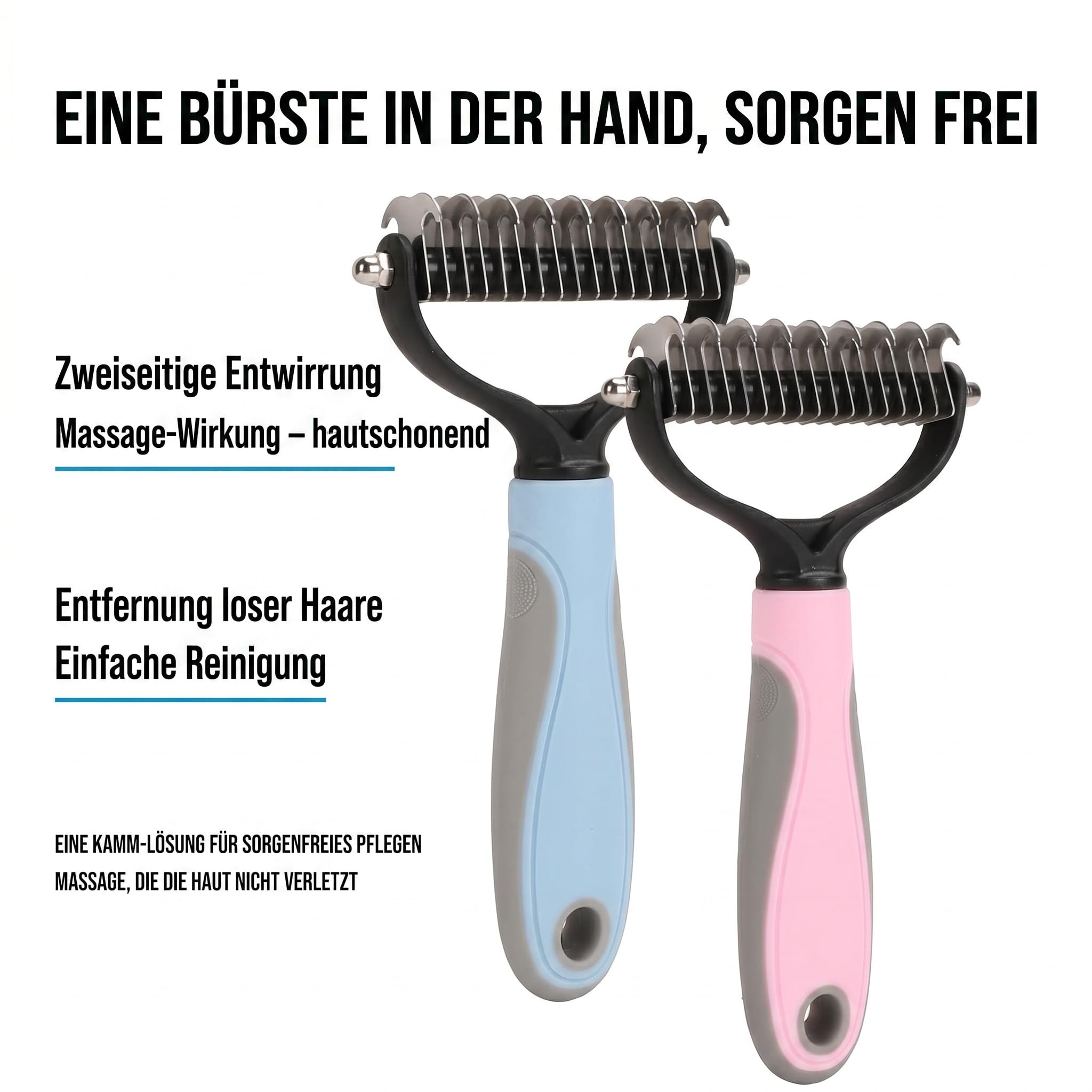 Pet Pro Grooming Tool, Unterwollkamm für Hunde Katzen 17 Zähne 2pcs | Edelstahl, TPR Griff, 17 Zähne, 2er Set, Langhaar Kurzhaar, Rundkopf, Fellpflege, Entfilzen, Blau Rosa