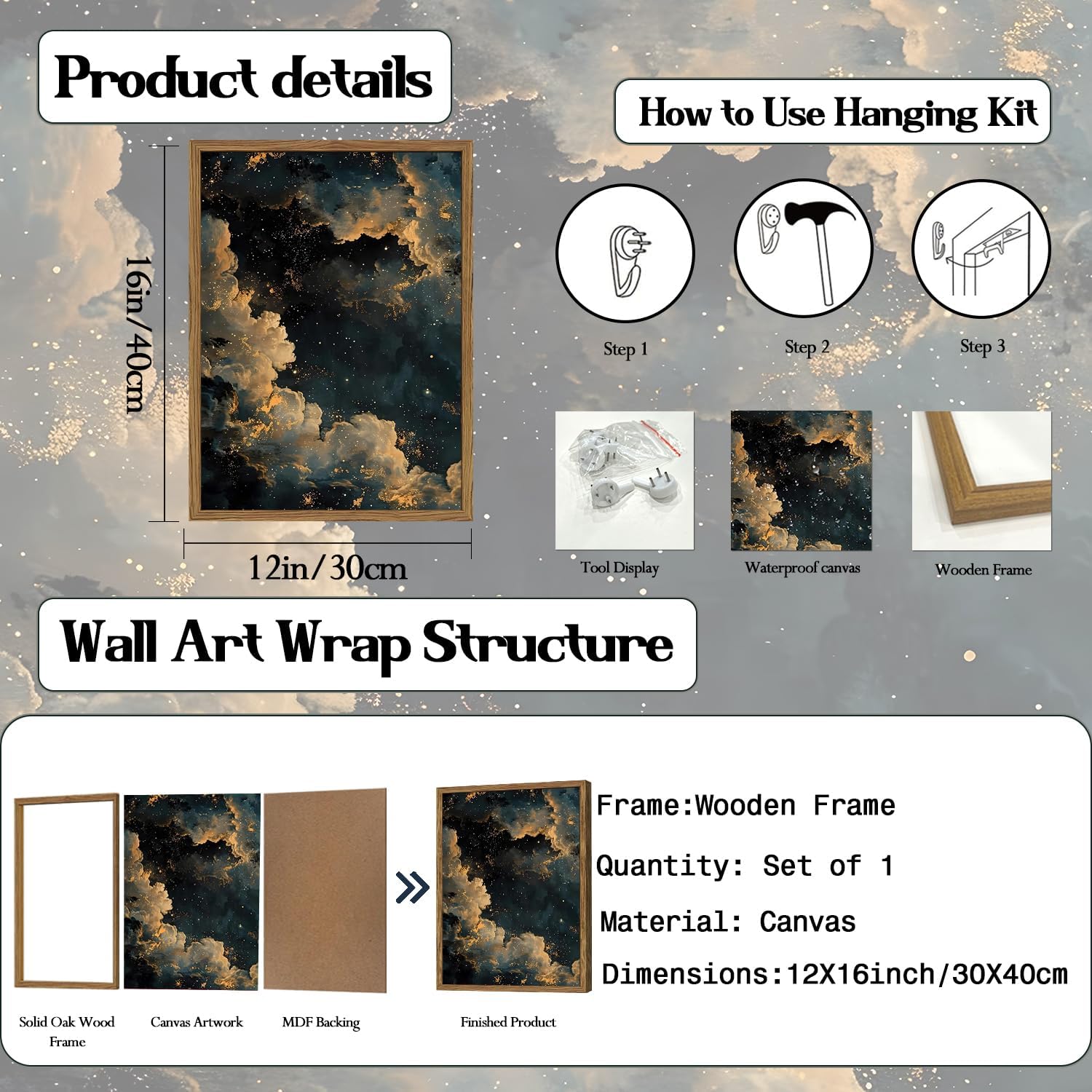 Dark Academia Cloud Wall Art, Vintage Moody Celestial Canvas Wall Decor Paintings, Maximalist Gold Night Sky Stars Aesthetic Posters Prints Pictures for Living Room Bedroom Home Decor 12x16 In Framed