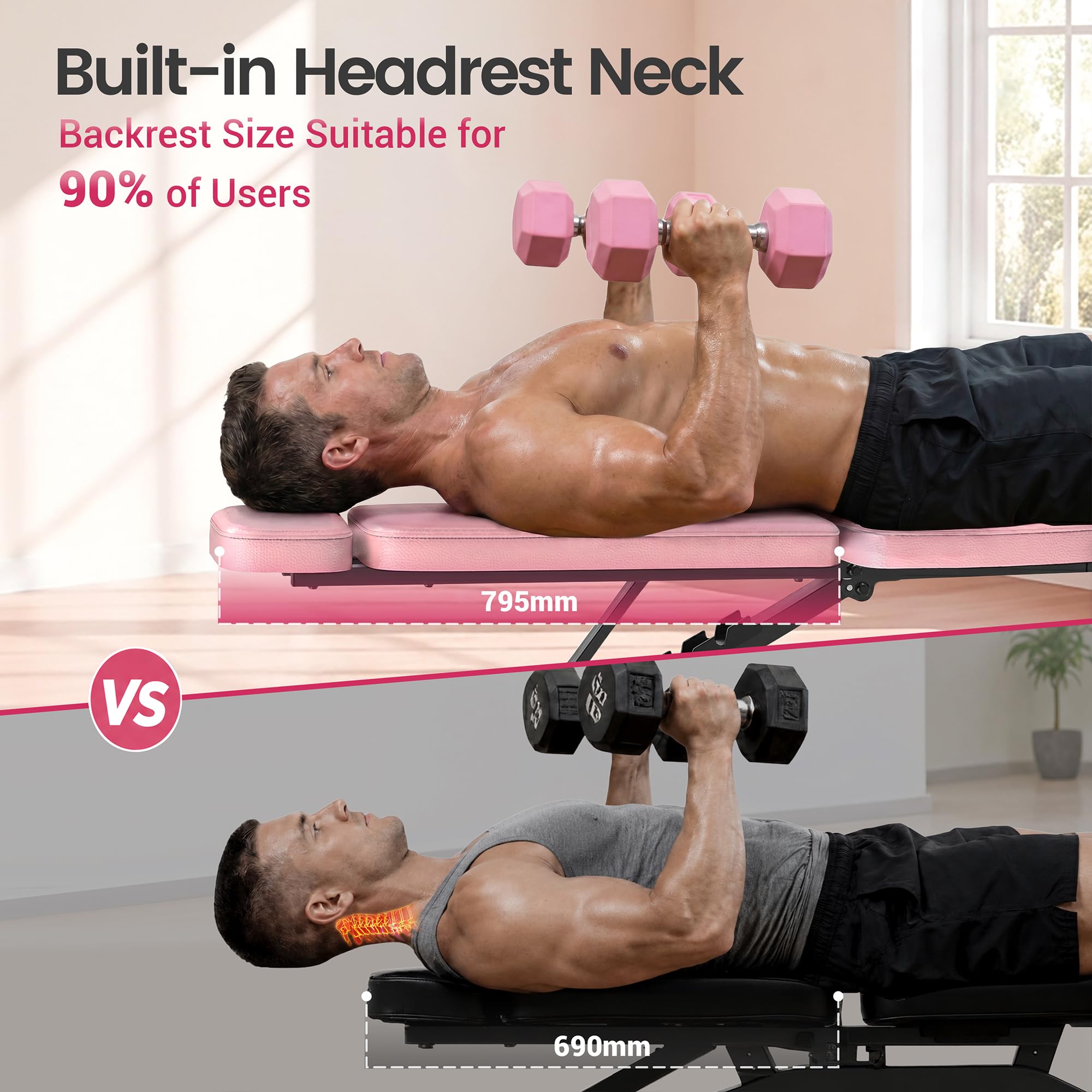 Foldable Weight Bench 800LBS, Adjustable Workout Bench with 10 Backrest Positions & Extended Headrest, Incline Decline Flat Bench Press for Home Gym Small Space Strength Training