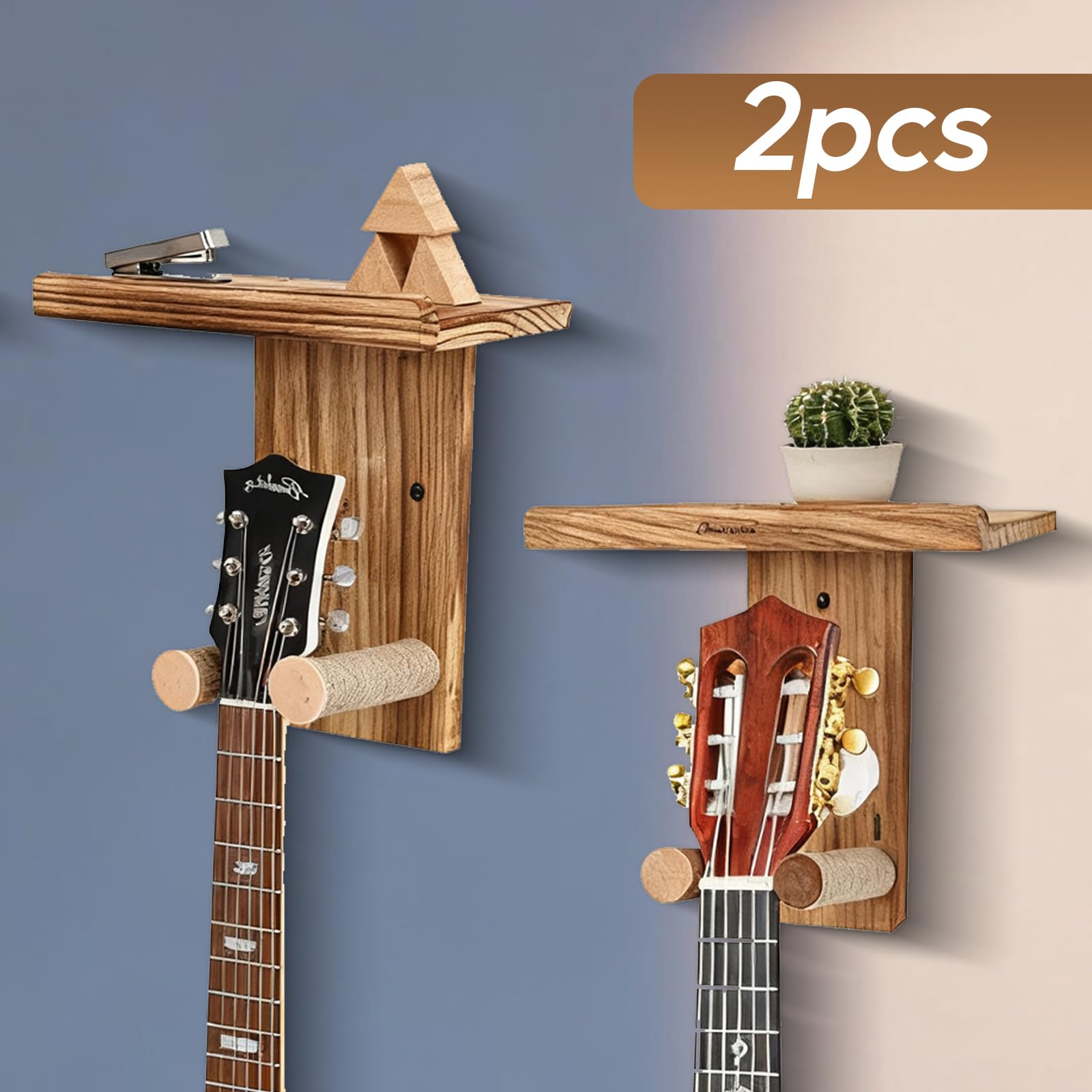 BestYiJo 2 soportes de pared para guitarras de madera, con estante y soporte para púas - Ajustable para acústica, guitarra eléctrica, bajo y ukelele - Juego de soportes para guitarra de madera maciza