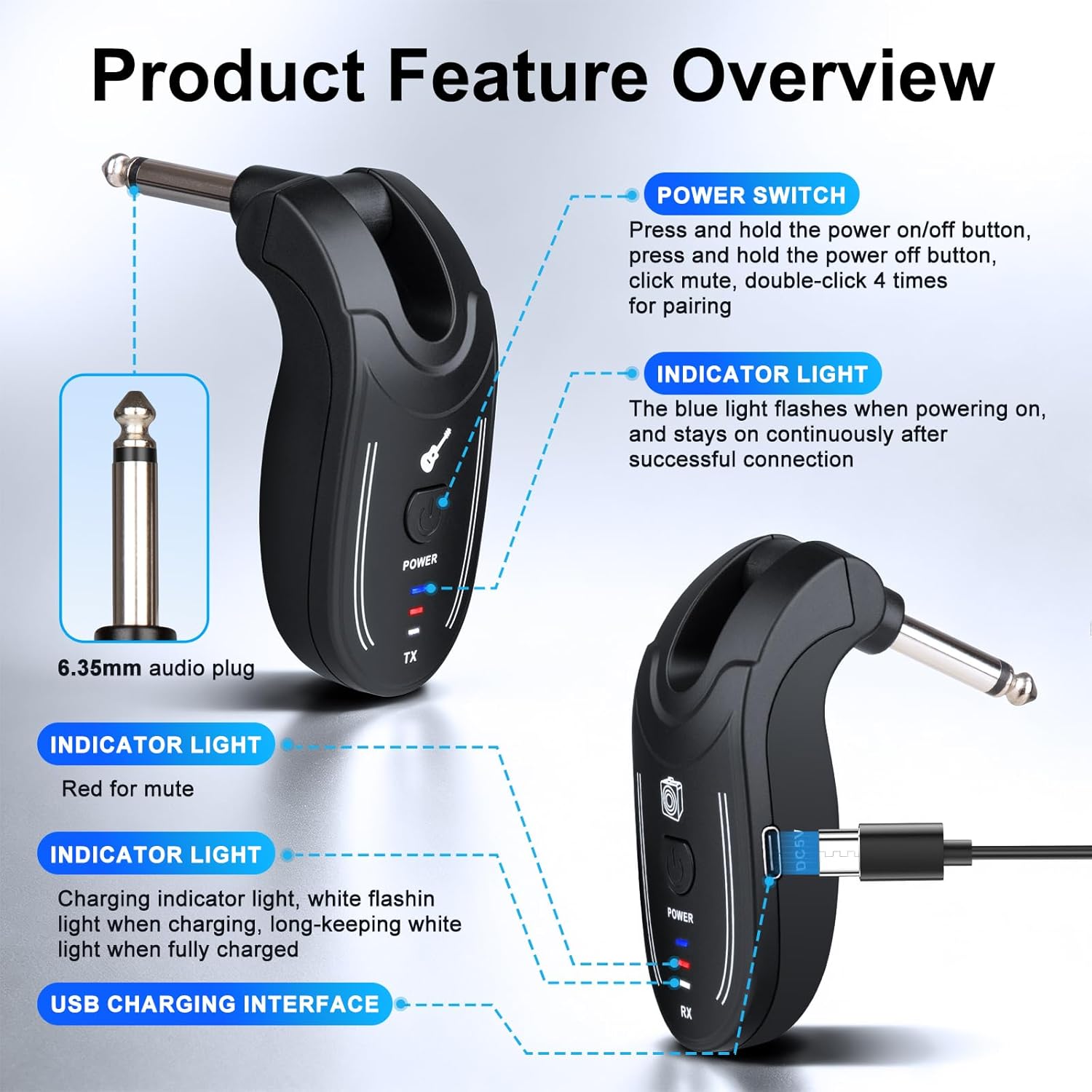 Depusheng Wireless Guitar Transmitter Receiver - 2.4GHz System, 100ft Range, No Latency, Rechargeable for Electric Guitar & Bass - Clean Wireless Audio for BASS GUITARS (Receiver + Transmitter)