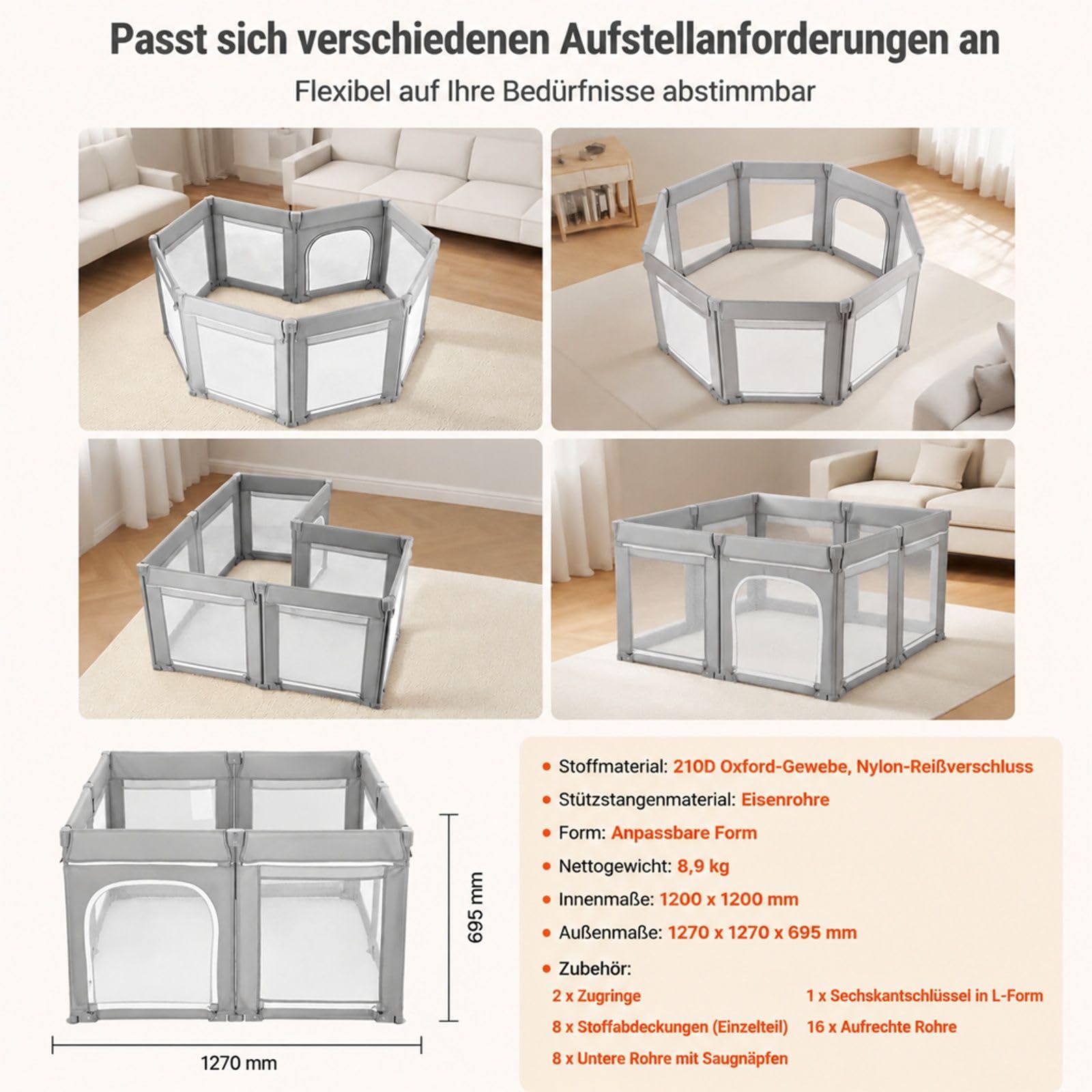 Faltbarer modularer Laufstall mit Reißverschlusstür und Netz, Spielbereich für Innen- und Außenbereich