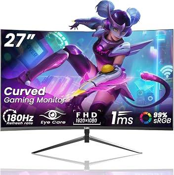 شاشة ألعاب منحنية مقاس 27 بوصة تدعم FHD 1080p 180 هرتز، انحناء 1800R، وقت استجابة 1 مللي ثانية، AMD FreeSync، VESA، DP، شاشة IPS بمنفذ HDMI للألعاب في المكتب المنزلي