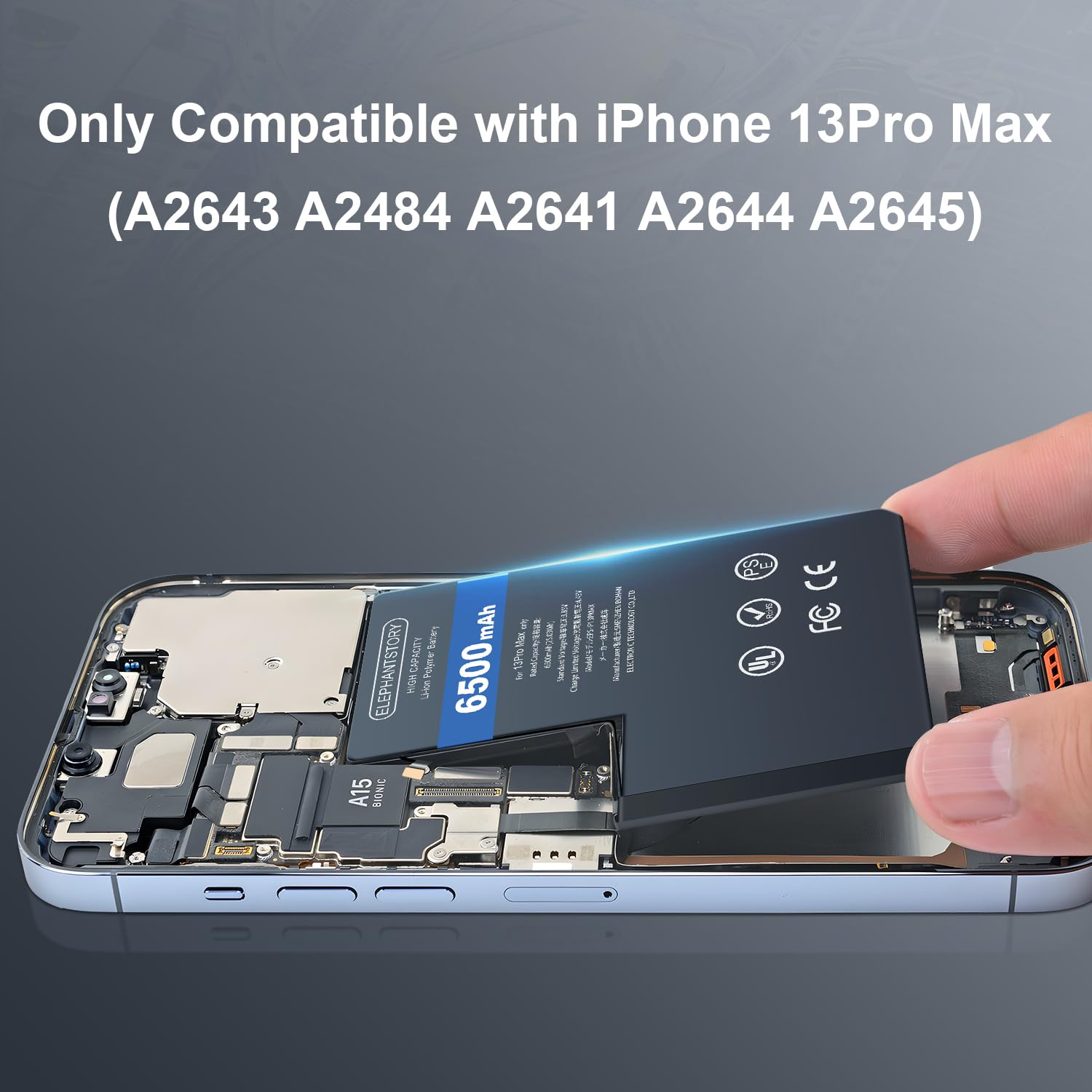 Elephantstory Batteria per Phone 13 Pro Max, 6500 mAh Batteria ai Polimeri di Litio ad Alta Capacità con Strumenti di Riparazione e Guida Compatibile con A2643 A2484 A2641 A2644 A2645