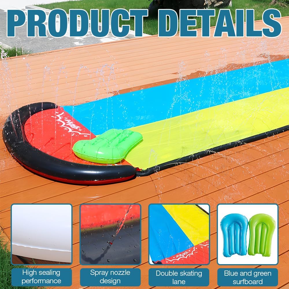 Toboggan Aquatique, 480 X 140cm Toboggan pour Pelouse Double, Tobogga À Eau avec Arroseur Et 2 Planches Gonflables, Tobogga Piscine Hors Sol Tobogan Piscine pour Enfants Et Adultes,Requin