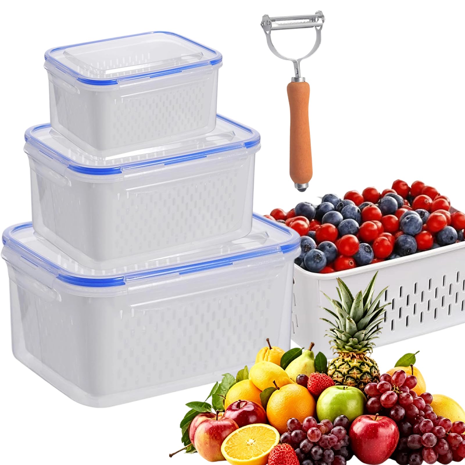 Jmwub Fruit Storage Containers for Fridge with Removable Colander, 4-in-1 Food Storage Containers, Stackable Refrigerator Organizer for Fruit Vegetables Meat, Keeping Food Fresh Longer (Blue,3 Pack)