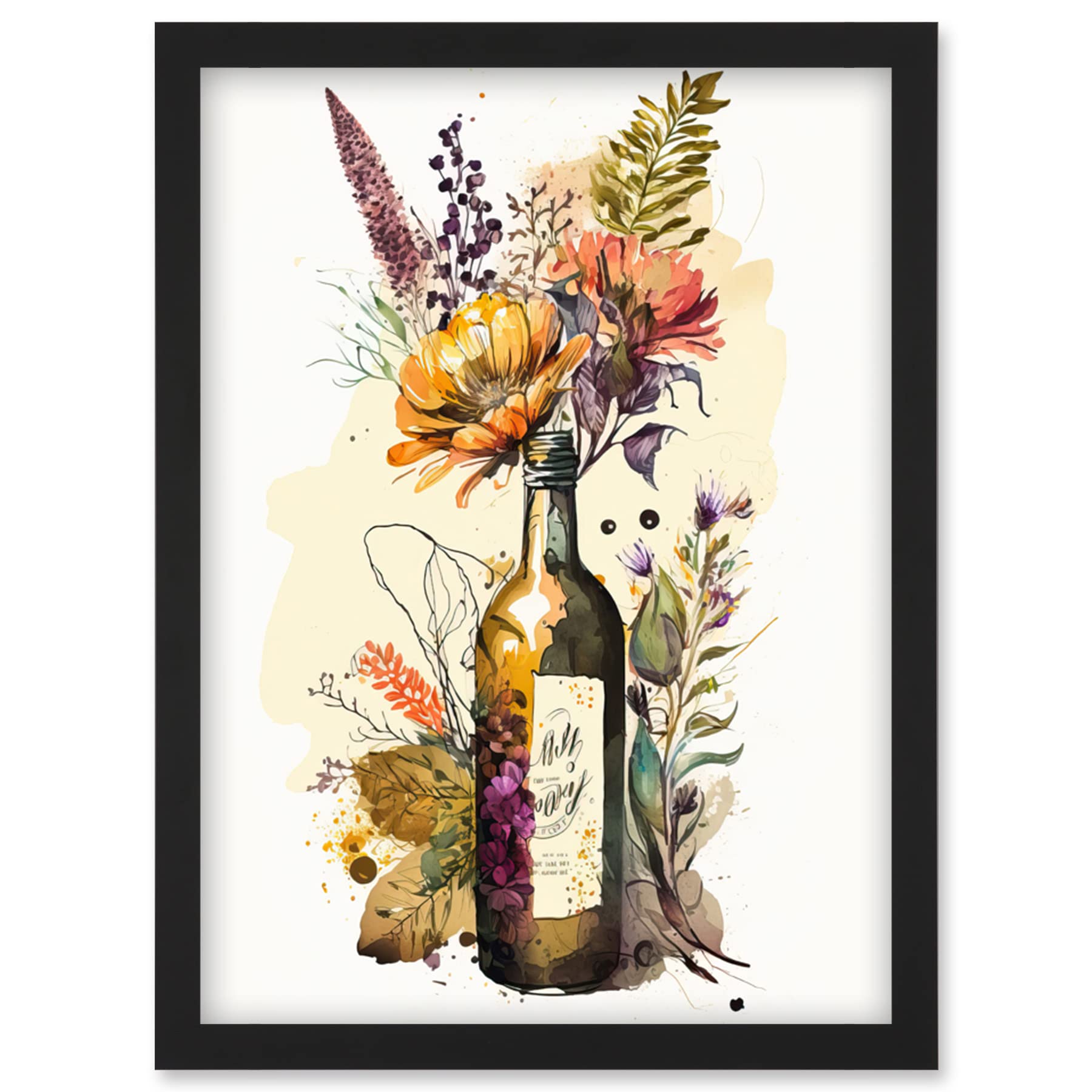 Artery8 Wildflower Bouquet in Upcycled Glass Wine Bottle Artwork Framed Wall Art Print A4