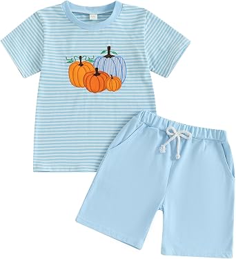 Gaono Toddler Baby Boy Halloween Clothes Pumkin Patch Short Sleeve T-shirt Plaid Shorts 2 Piece Set Infant Pumpkin Outft