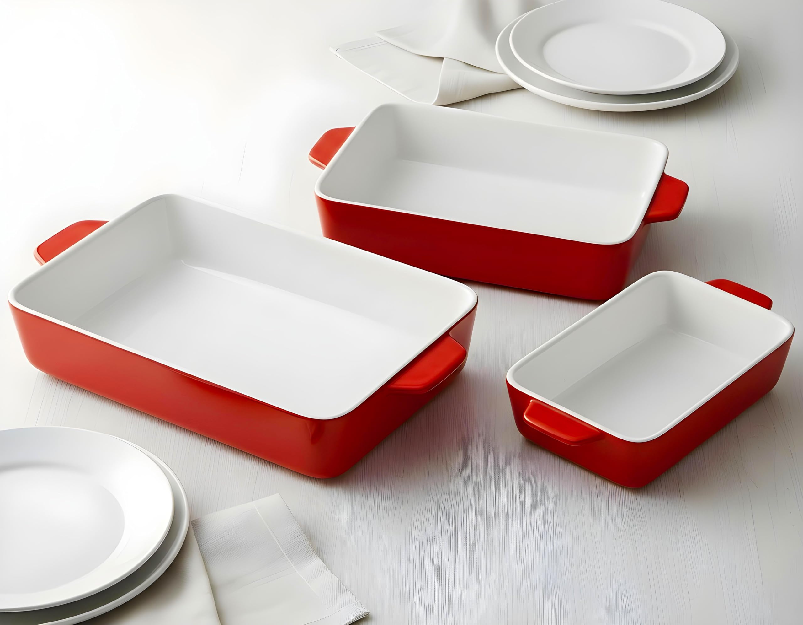 Kook Keramik-Backformen-Set, rechteckig, für Aufläufe, Lasagne, Kuchen, kleine, mittelgroße und große Pfannen, mikrowellen- und spülmaschinenfest, 3-teilig, Kirschrot