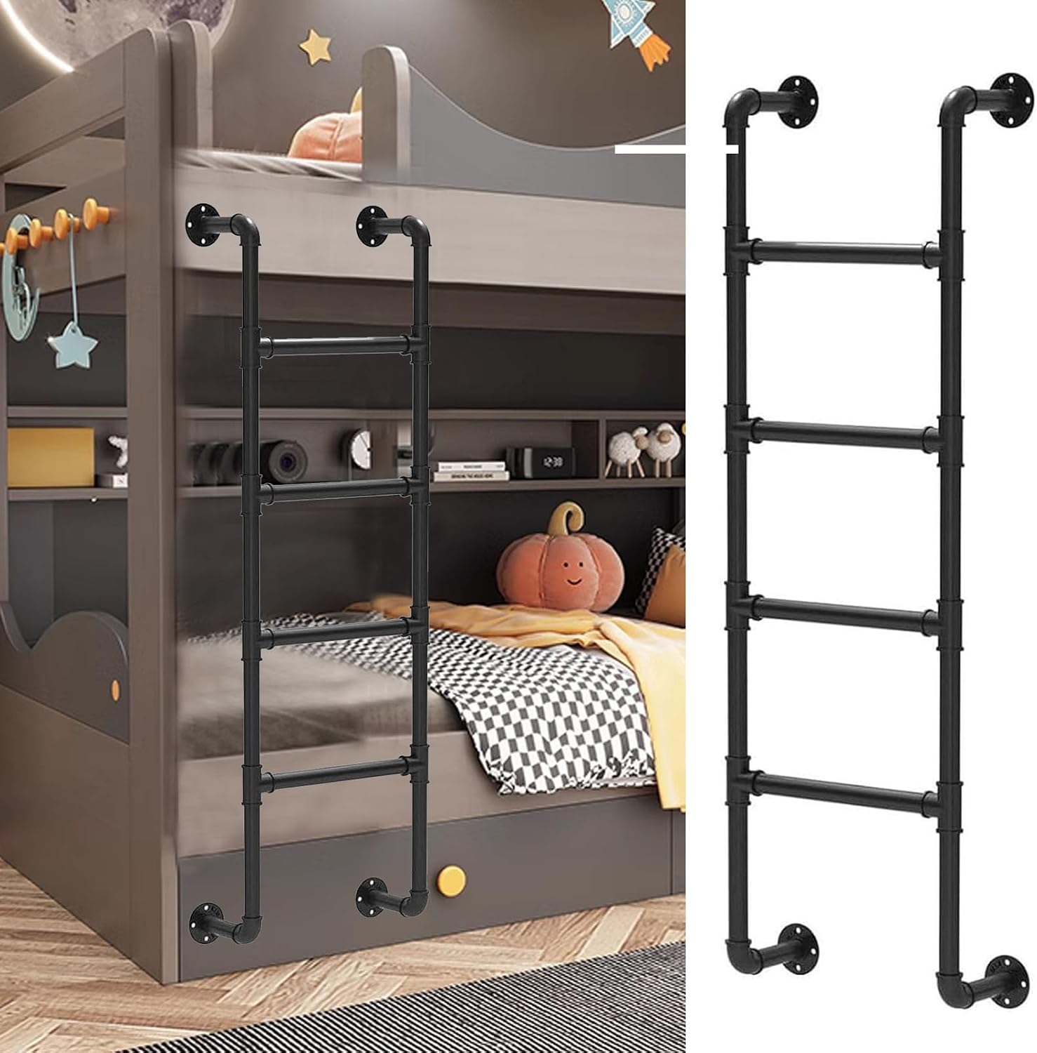Black Metal Attic Bunk Bed Ladder Wall Mounted Step Ladder for Home Loft, Tall Bed Safety Climb Ladder, Industrial Iron Hanging Ladder for Dorm,Library,Deck,RV(240cm/94in