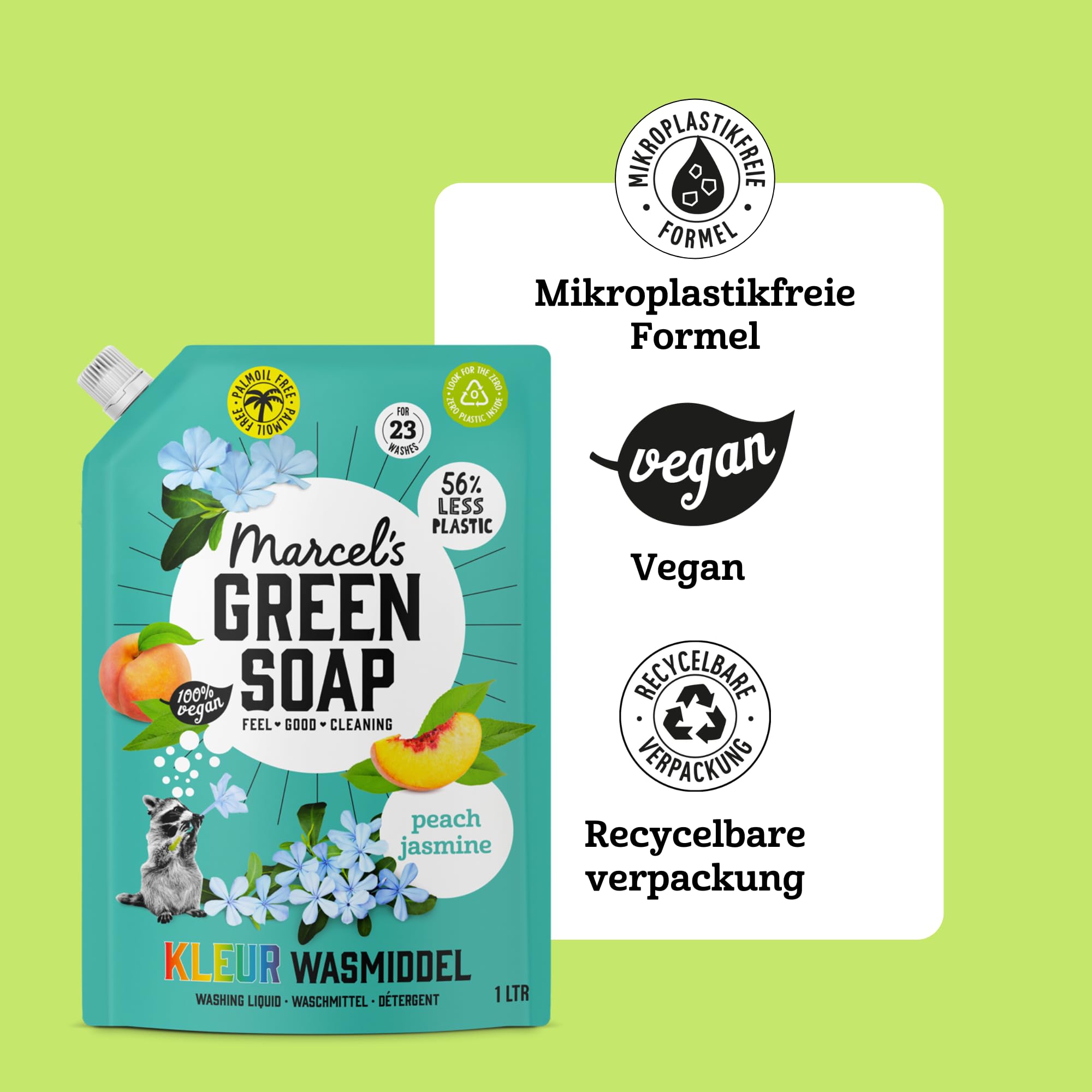 Marcel's Green Soap Farbwaschmittel Nachfüllpack Pfirsich & Jasmin – Nachfüllbeutel – Farbige Wäsche - Vegan - Mikroplastikfreie Formel - 92 Waschgänge - 1L (4er Pack)