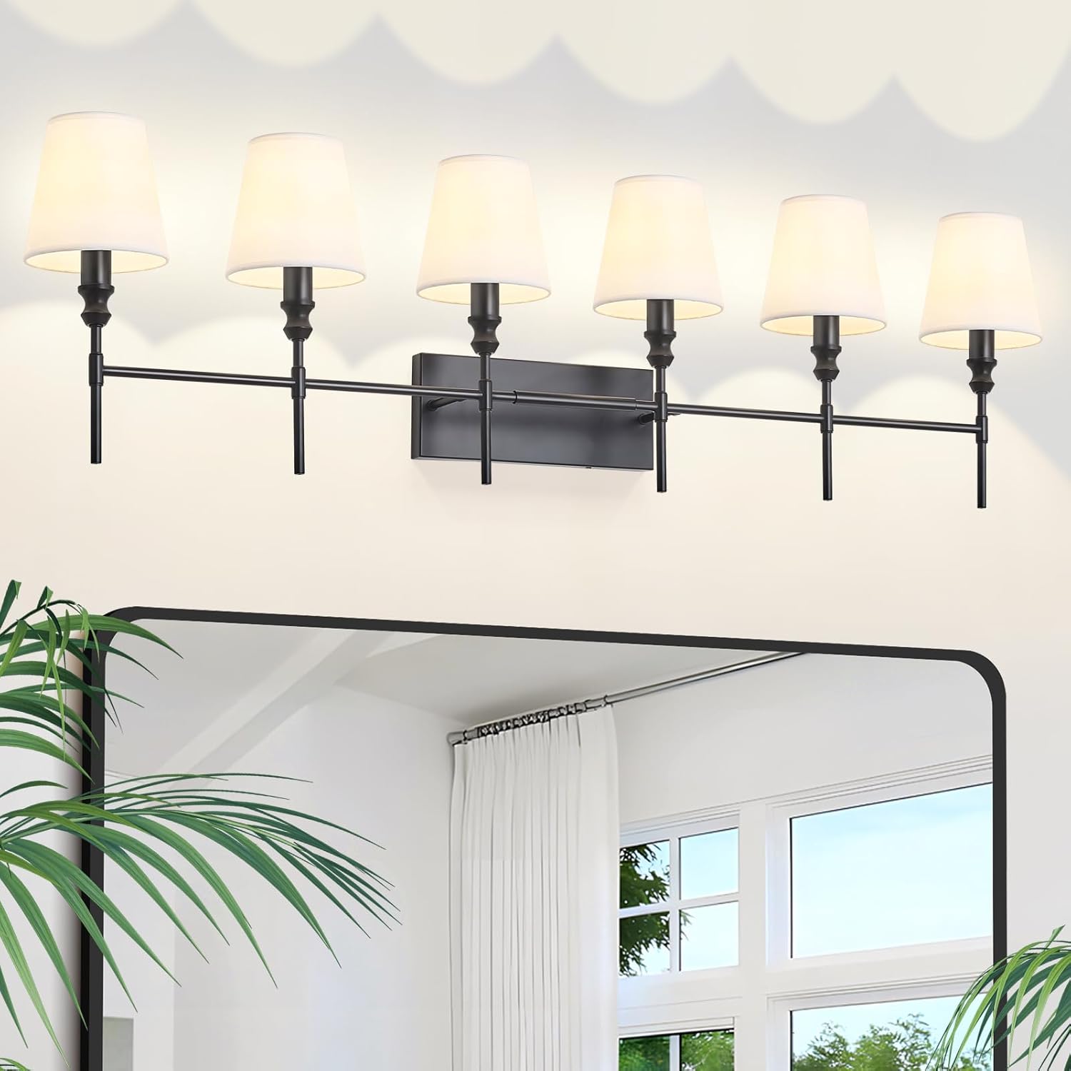 6-Light Black Bathroom Lighting Fixtures Over Mirror,50 in Vintage Bathroom Vanity Lights with Flared White Fabric Lampshade for Bedroom,Living Room,Foyer,2 Styles Modern Wall Sconce E12 Base