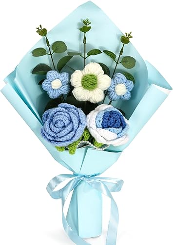 Omldggr Ramo de flores de ganchillo completo, ramo de punto hecho a mano, kit de ramo de ganchillo de punto con rosas azules y margaritas para el
