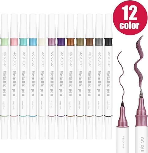 Miniatura 3 de GC QUILL Rotuladores metálicos de 12 colores – Brocha de doble punta y bolígrafos de punta fina para álbum de bricolaje, tarjetas negras, álbumes de