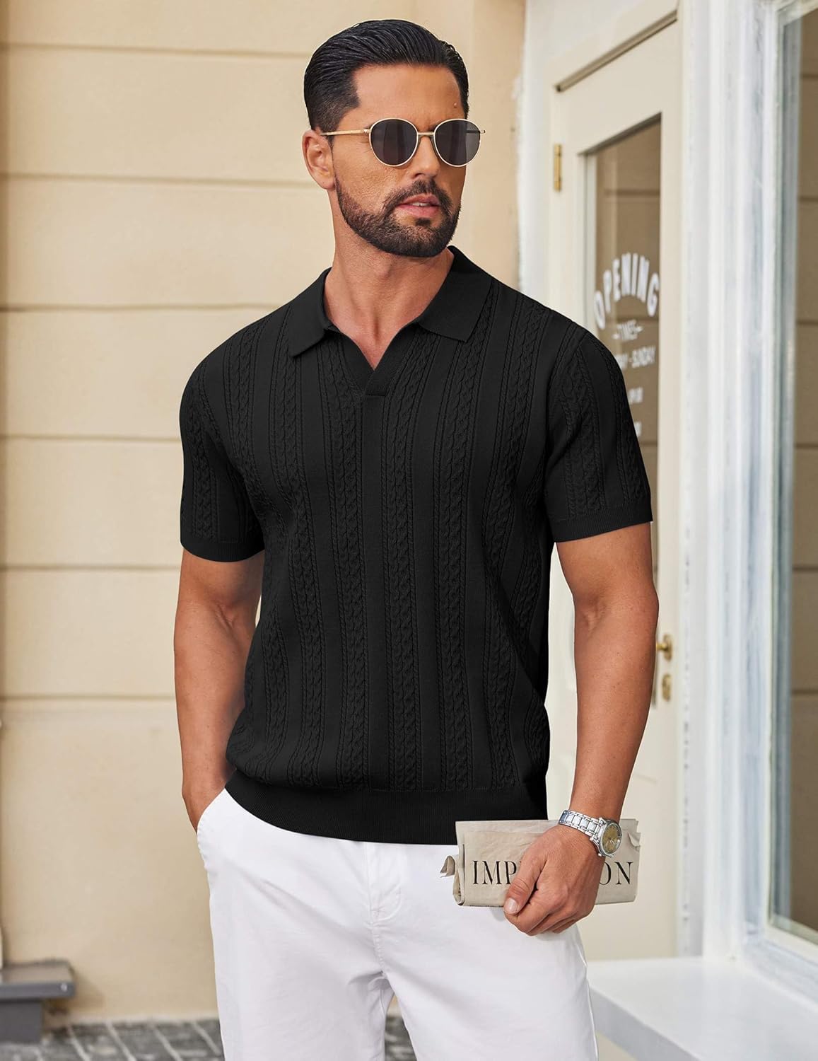 COOFANDY Knit Polo Shirts for Men Short Sleeve V Neck Polo Lightweight Summer Casual Textured Polo Shirts - Image 2