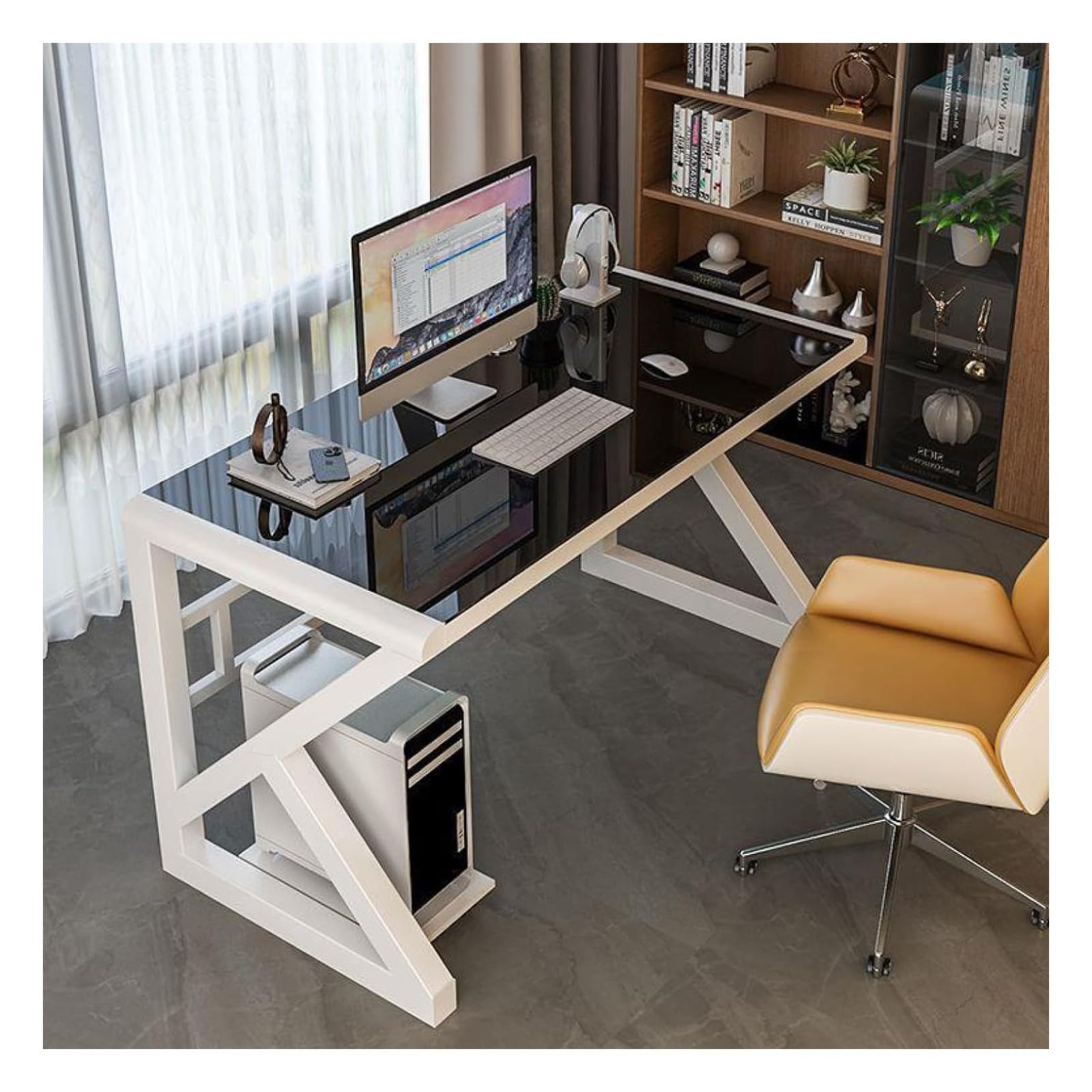 Wdsopk Black+White Computer Desk Home Office Desk Tempered Glass Computer Desk, Modern Home Office Desk Gaming Desk Writing Study For Study Play Work Bedroom Home Office（-100Cm）