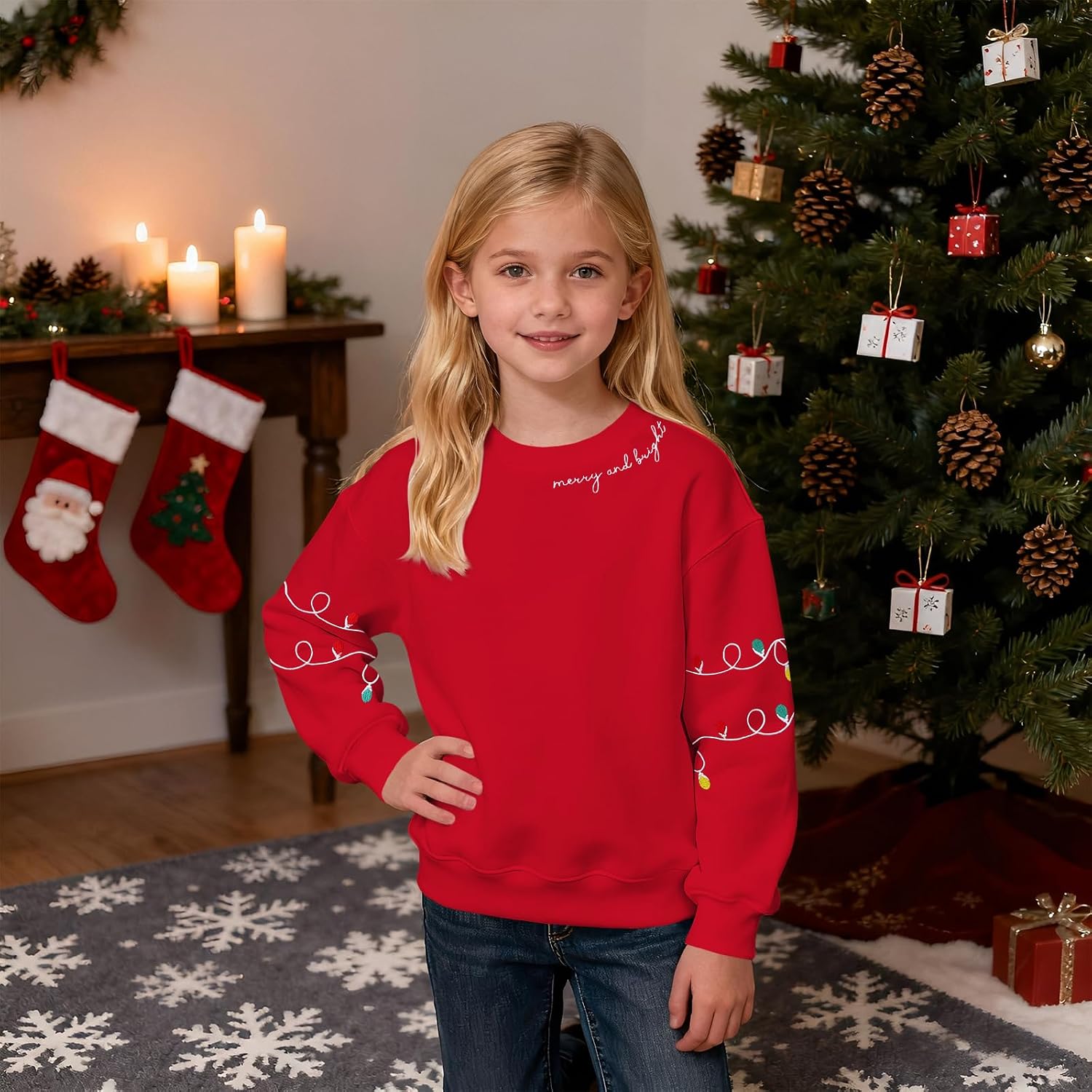 KEKEMI Kid Girls Christmas Sweatshirts Embroidered Merry and Bright Shirts Xmas Lights Pullover Holiday Tops Winter Clothes