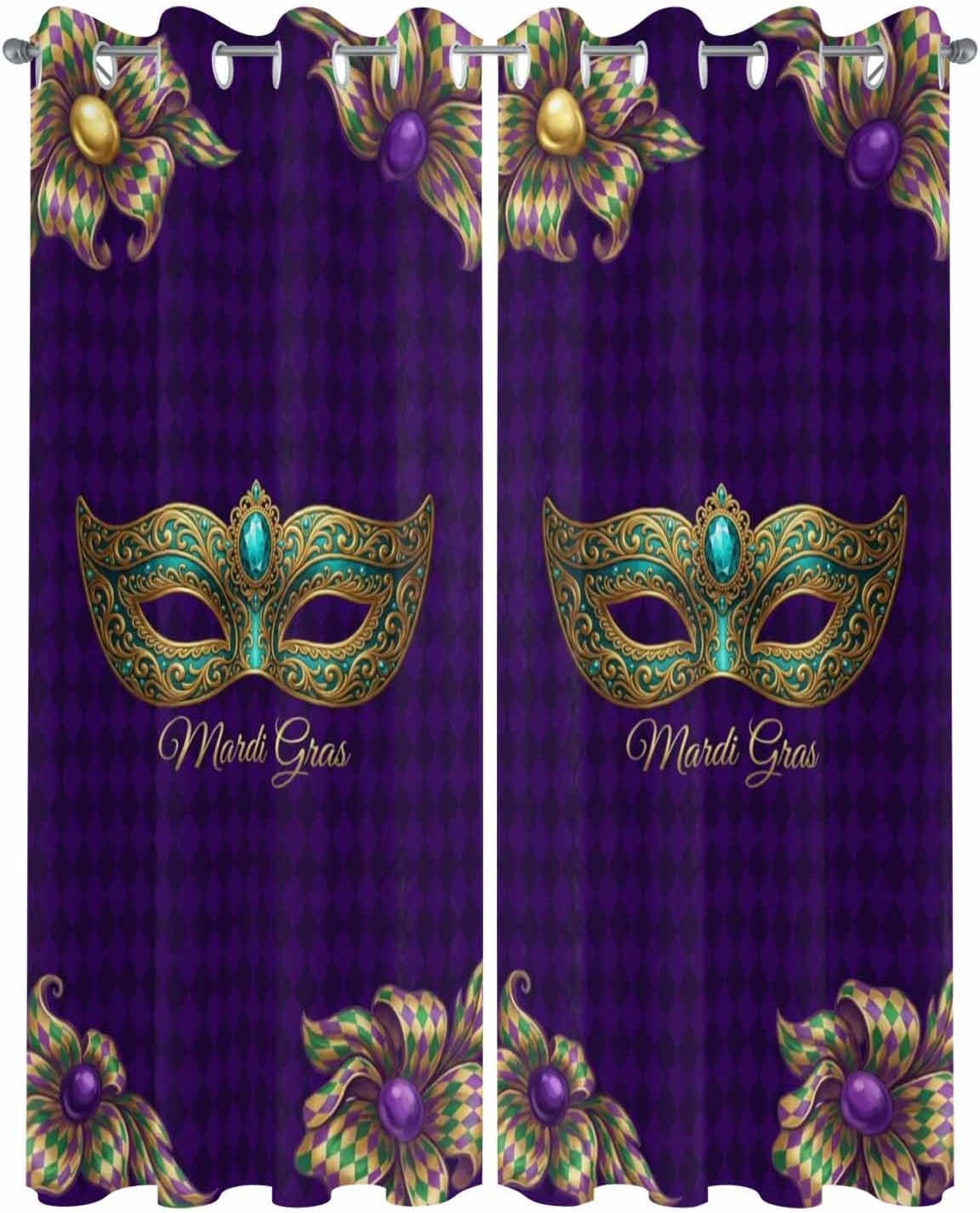 Carnival Mardi Gras Celebraion Waterproof Outdoor Curtains for Patio,Blackout Curtain with 2 Tiebacks,Mask on Purple Diamond Checker Grommet Window Treatment for Porch Pergola Decor,2 Panels,52"x84"
