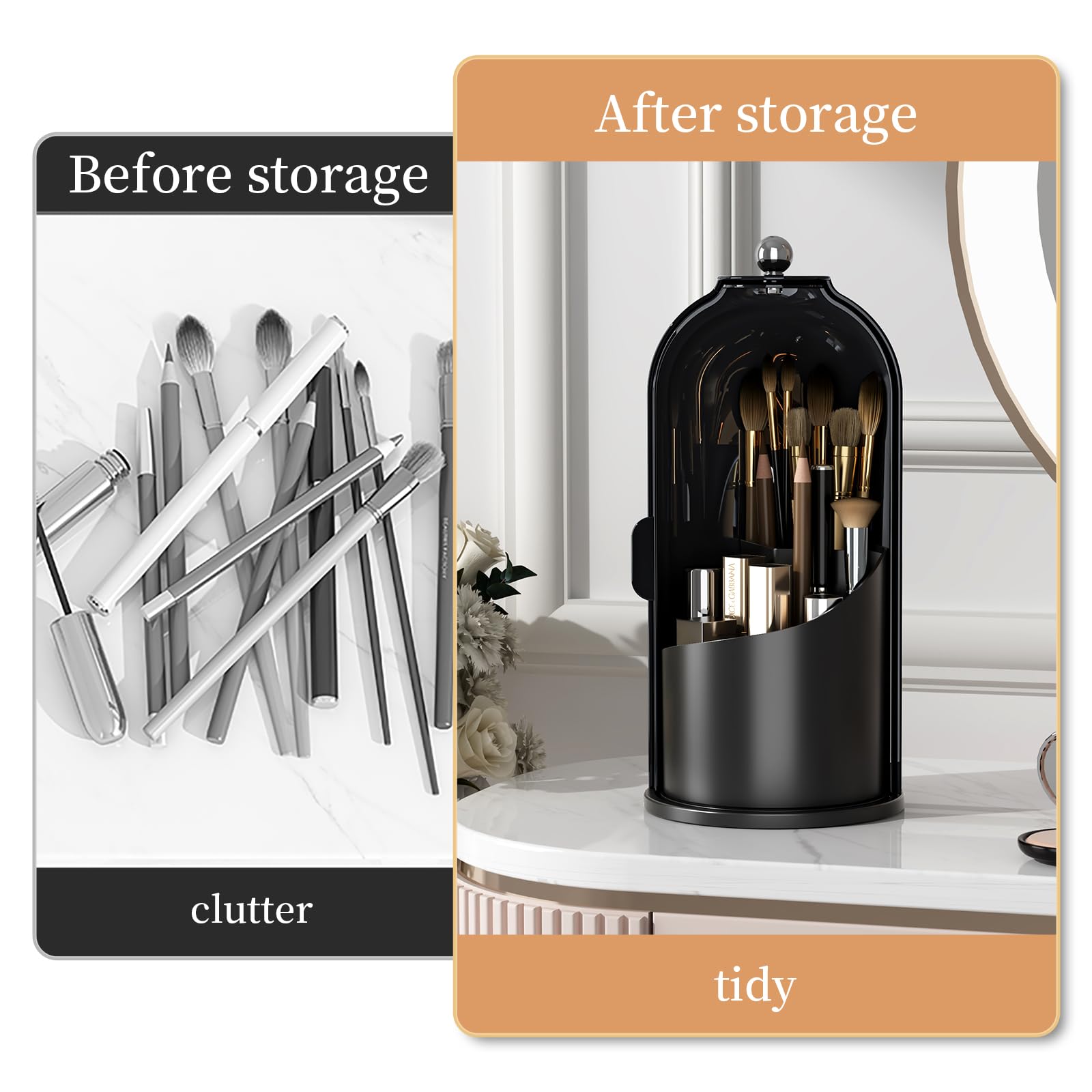 Porta pennelli da Trucco con Coperchio, Girevole a 360°, Organizer per Cosmetici da appoggio, Antipolvere, per Bagno, Trasparente (Nero Scuro)