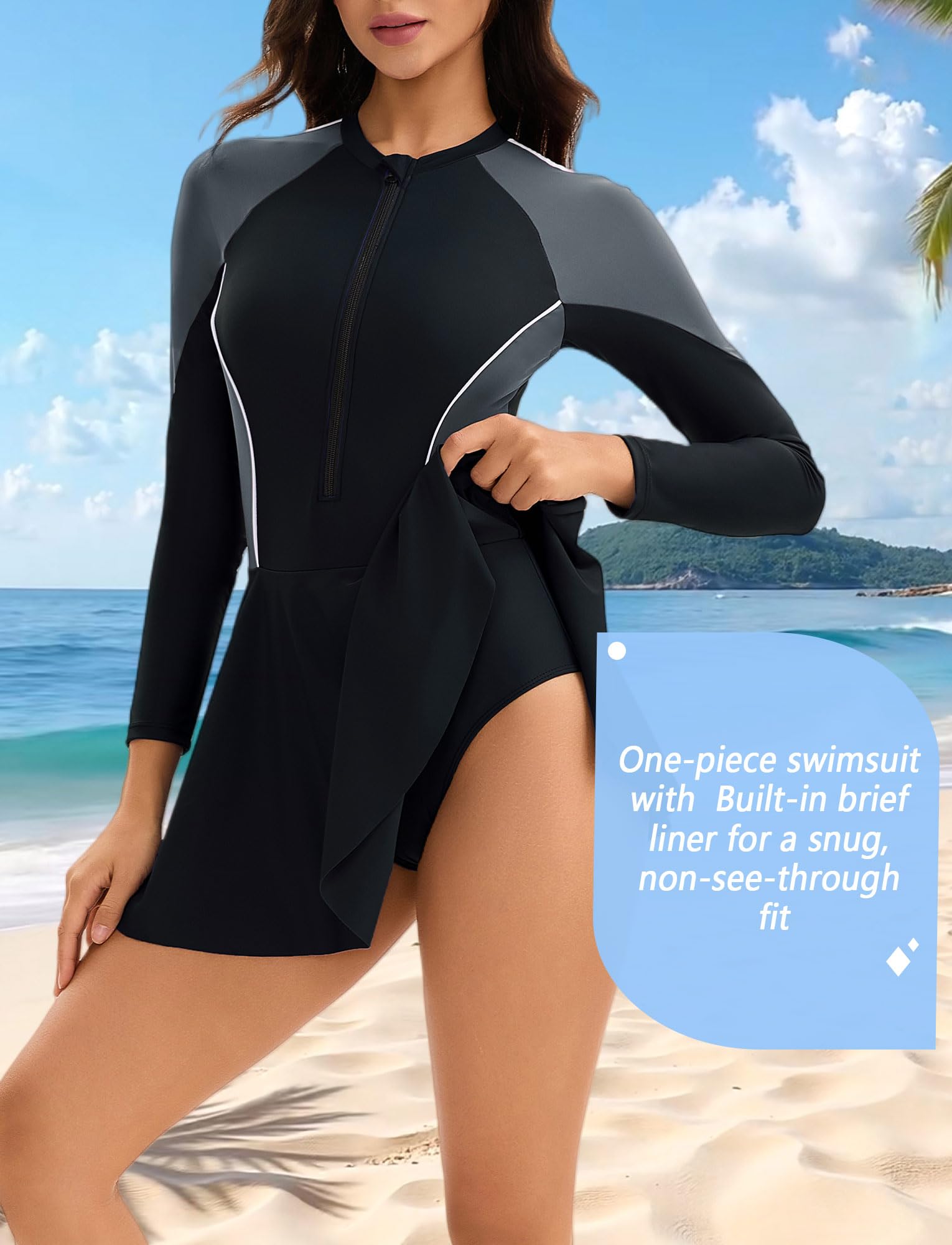 FEOYA Damen-Badeanzug mit Shorts, Einteiler, Rashguard, Reißverschluss, langärmelig, mit abnehmbaren Körbchen