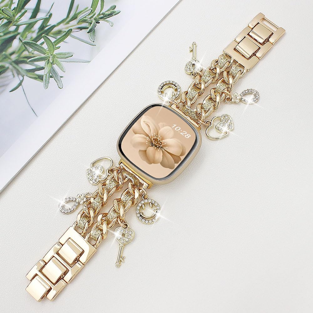 Metal Bands Compatible with Fitbit Versa 4/Versa 3/Sense 2/Sense Band Women,Stylish Cuban Chain Bracelet with Cute Unique Pendants Love Cross Charms Strap - Image 4