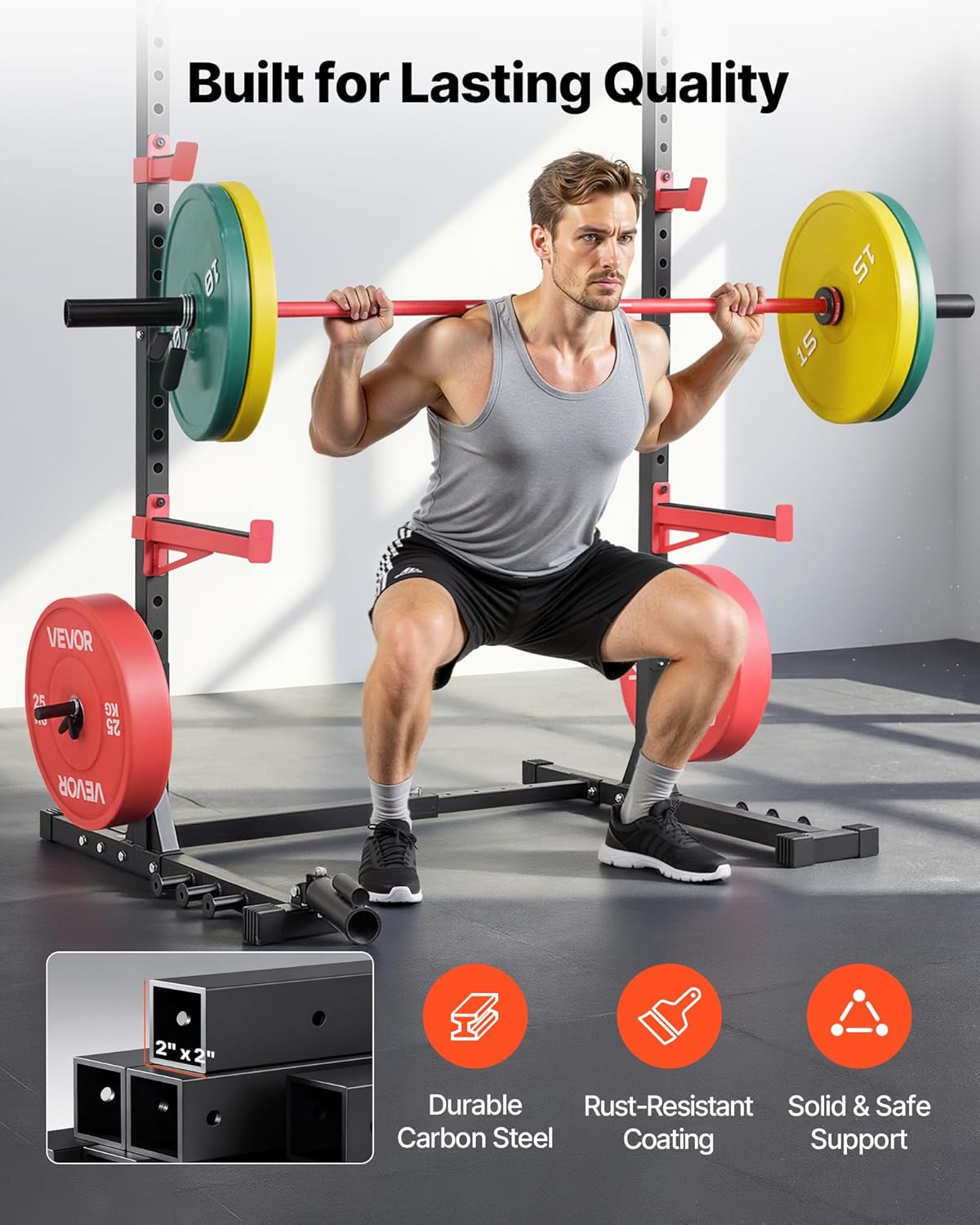 VEVOR Power Cage Rack, Multifunctional Squat Rack for Home Gym, Width-Adjustable Workout Strength Training Equipment with 6 Band Pegs, Landmine Attachment & Safety Bars for Bench Press Squats Pull-Up