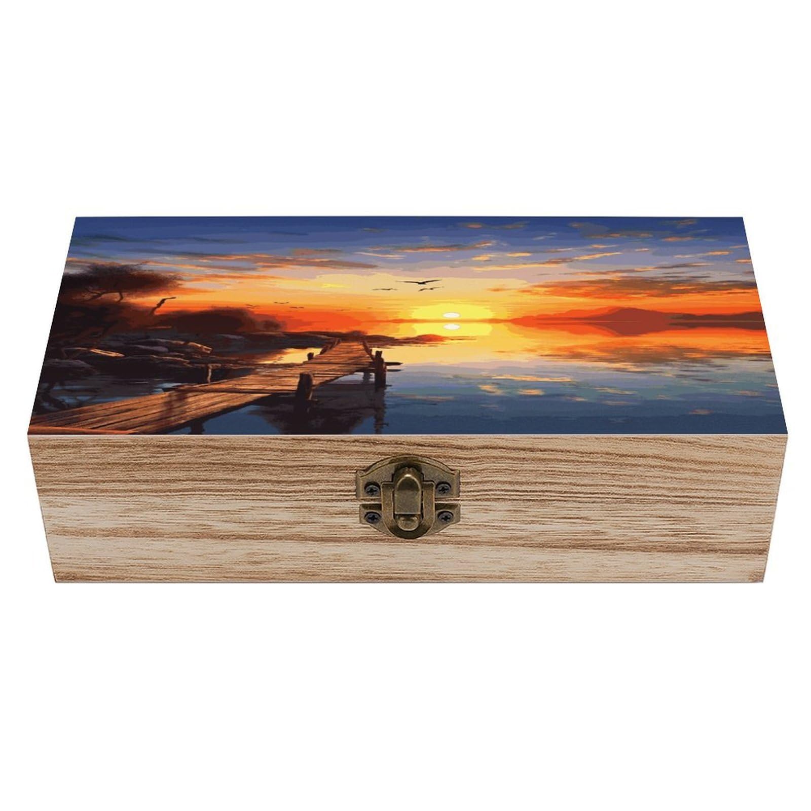 JTREHY Sunset Scenery Wooden Keepsake Box Vintage-Style Wood Keepsake Case with Hinged Lid Solid Wood Boxes Beautifully Memory Treasure Case Vintage-Style Wooden Storage Box