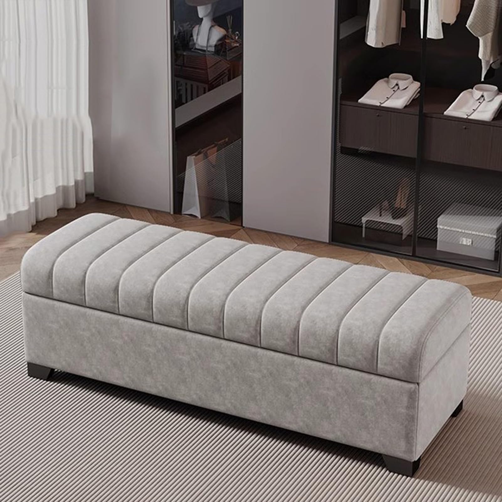 Banc de rangement avec siège rembourré pour organiser une entrée accueillante