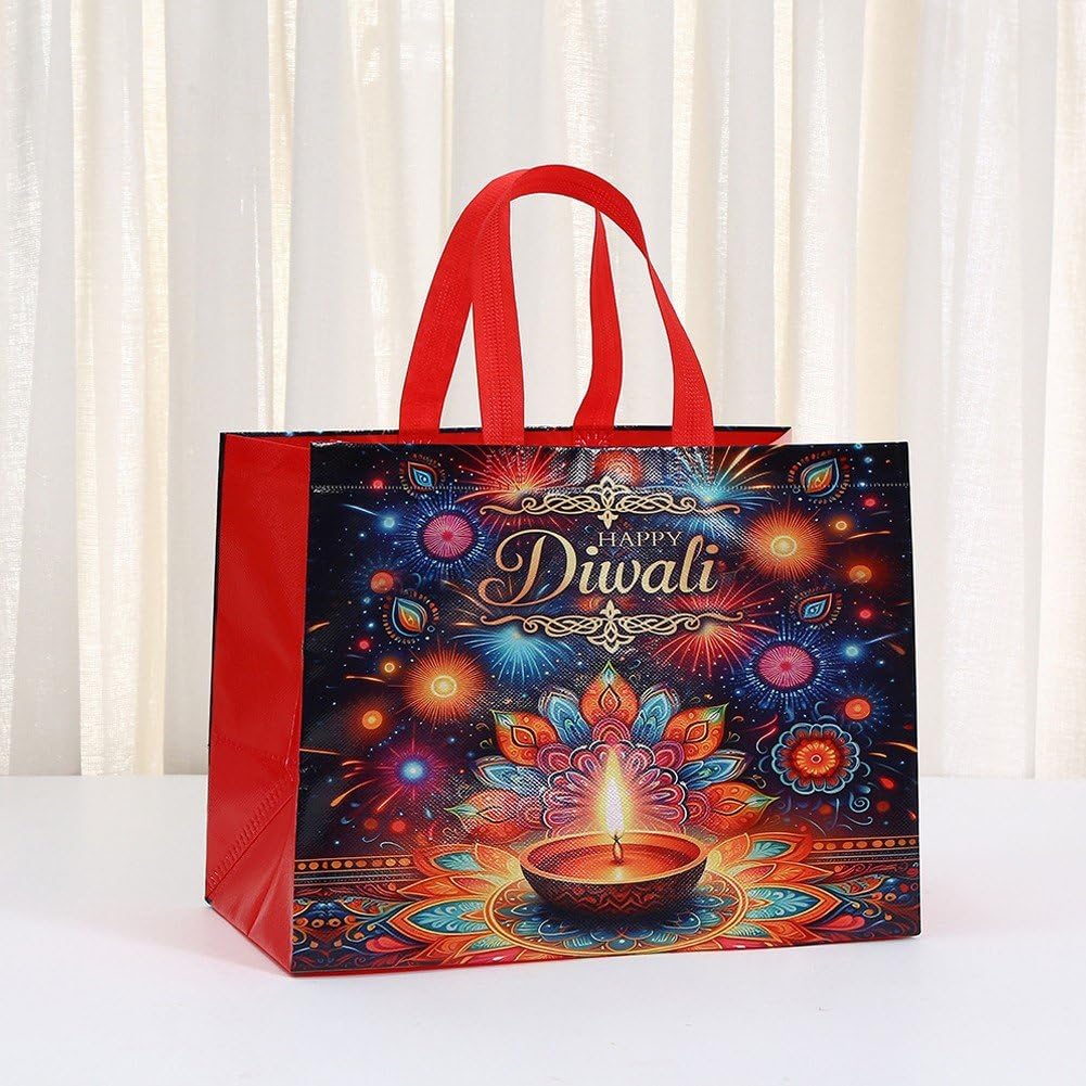 12 torebek na prezenty Happy Diwali, z włókniny, z kolorowymi nadrukami fajerwerków, wielokrotnego użytku, z uchwytem