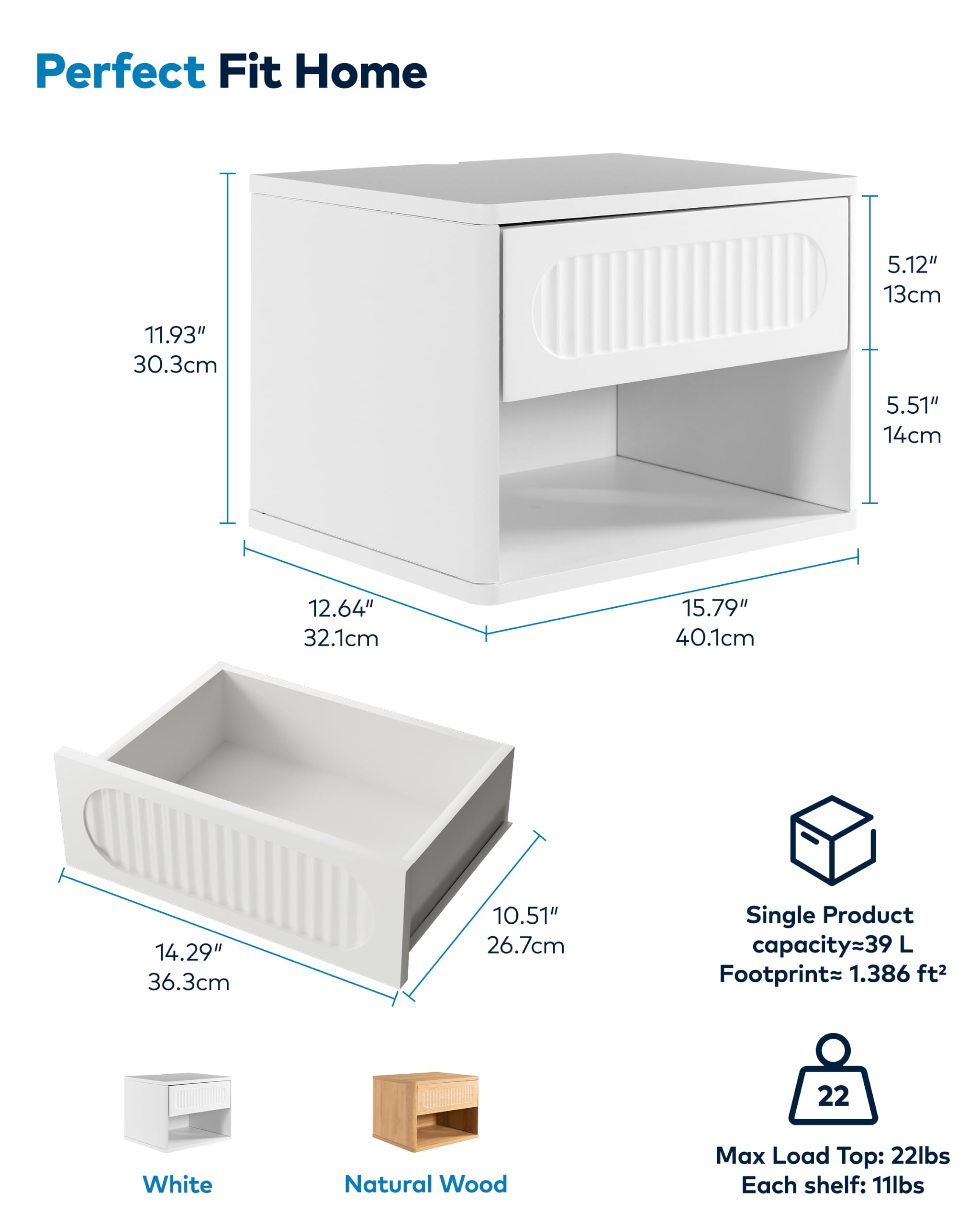 Nachttisch Hängend 2er Set, Nachtschrank Holz, Schwebendes Wandregal, Seitentisch Kleiner Moderner mit Schublade & Offener Raum für Schlafzimmer Wohnzimmer, Weiß