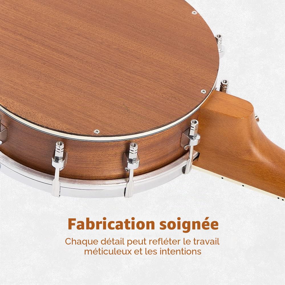 Mulucky Banjolele Banjo Ukulélé 4 cordes, taille concert 23 pouces (58 cm), dos fermé en bois massif, kit pour débutants avec truss rod, étui gig bag, accordeur, cordes, bandoulière