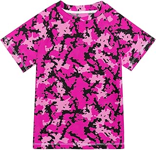 Camisetas de natación para niños, color rosa intenso, camuflaje, UPF+ 50, de secado rápido, camiseta de protección contra erupciones para niños y niñas