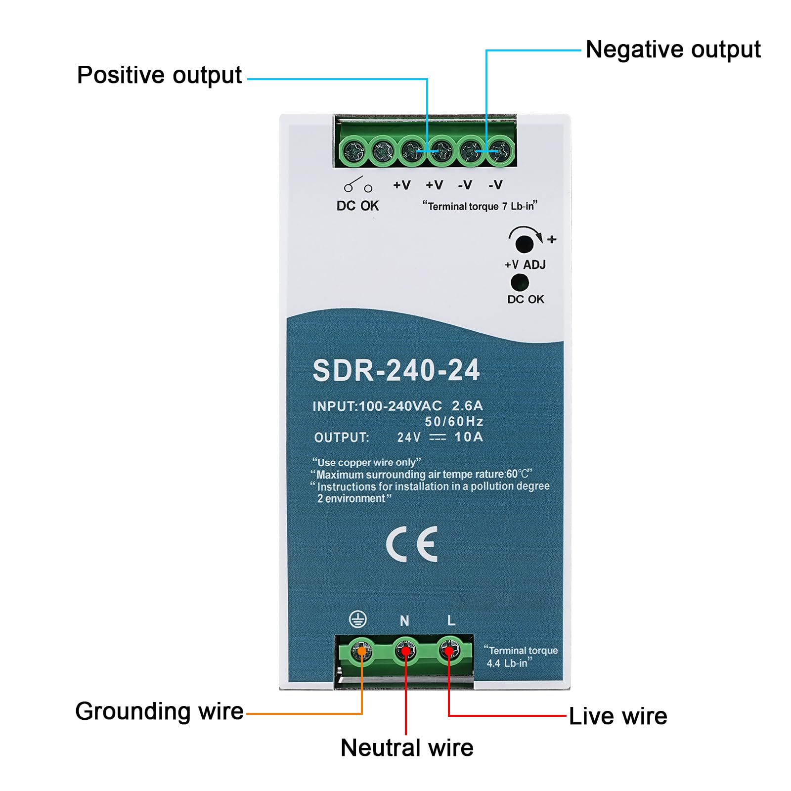 Alimentación de DIN Rail 240W DIN Rail Power Supply Entrada AC 100-240V 2,6A Salida DC 24V 10A Fuente de Alimentación Industrial para Cajas distribución,Instrumentos,Equipos comunicación SDR-240-24