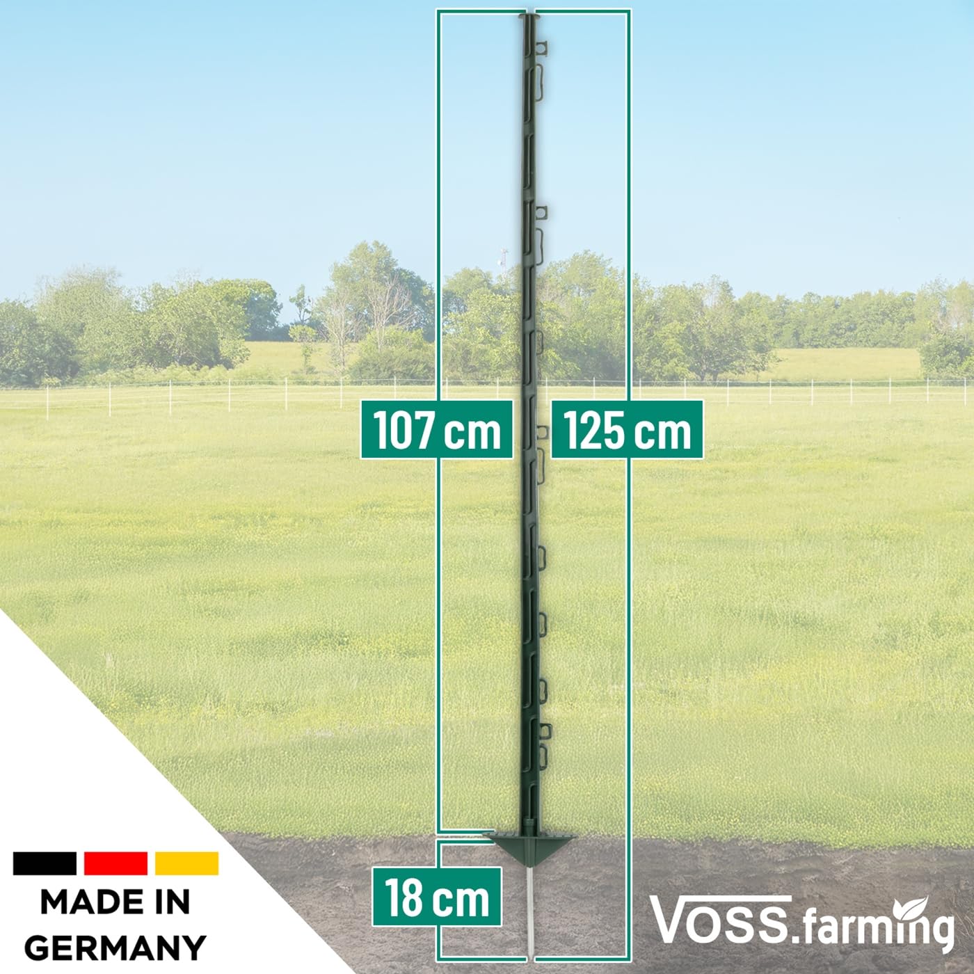 VOSS.farming 20x Kunststoffpfähle 125cm 12 Ösen grün Weidezaunpfahl glasfaserverstärkt Doppeltritt