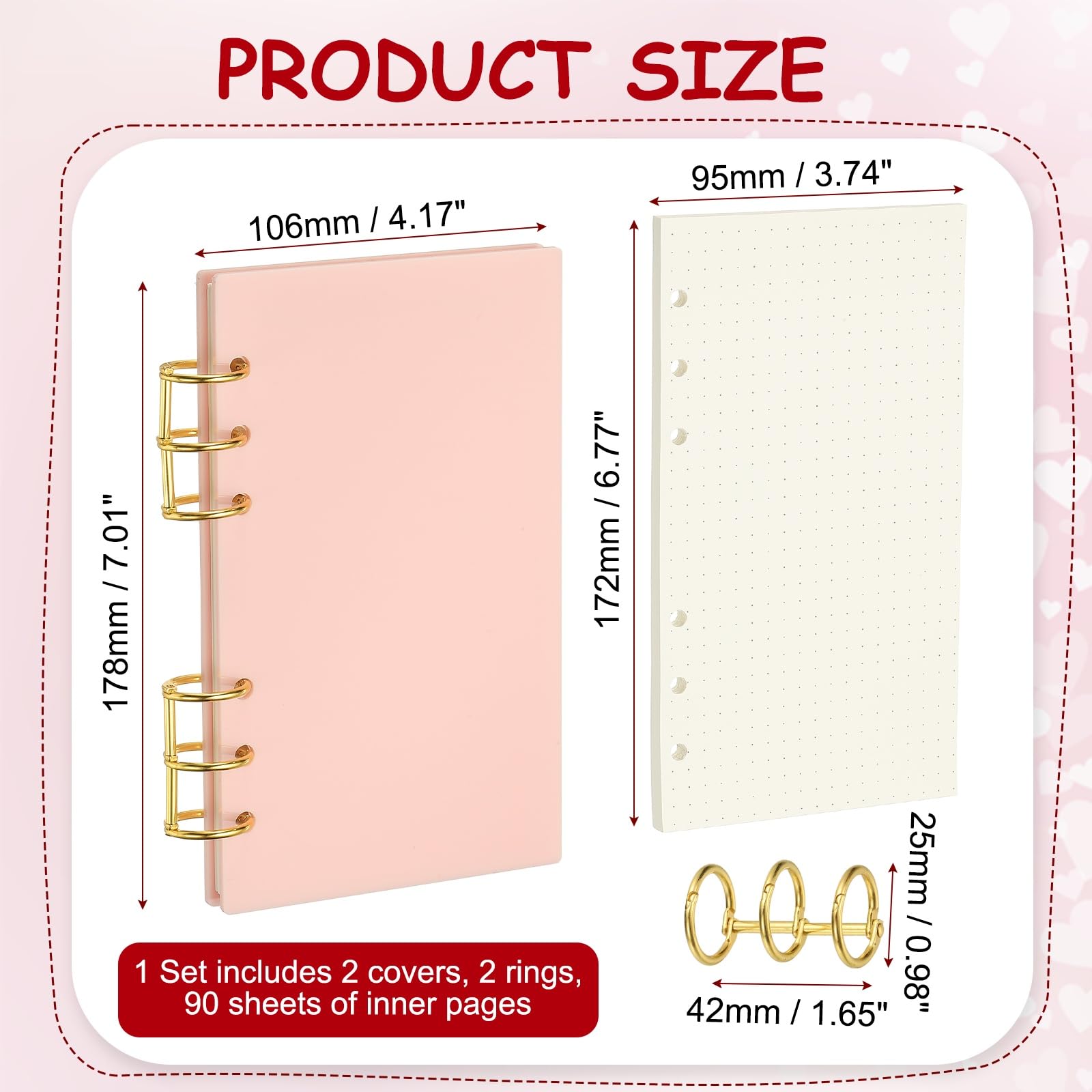 PATIKIL 6 Ring Binder Notebook Cover, A6 Acrylic Binder Notebook 2 Gold Metal Round Rings with 90 Sheets Dot Inner Papers for Travel Office Planner Budget, Light Pink - Image 2