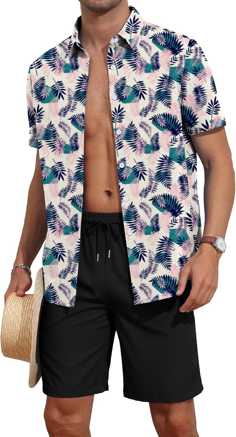YTD Men’s 2 Piece Outfits Tropical Print Short Sleeve Button Down Hawaiian Shirt and Beach Shorts Set YTD Men’s 2 Piece Outfits Tropical Print Short Sleeve Button Down Hawaiian Shirt and Beach Shorts Set