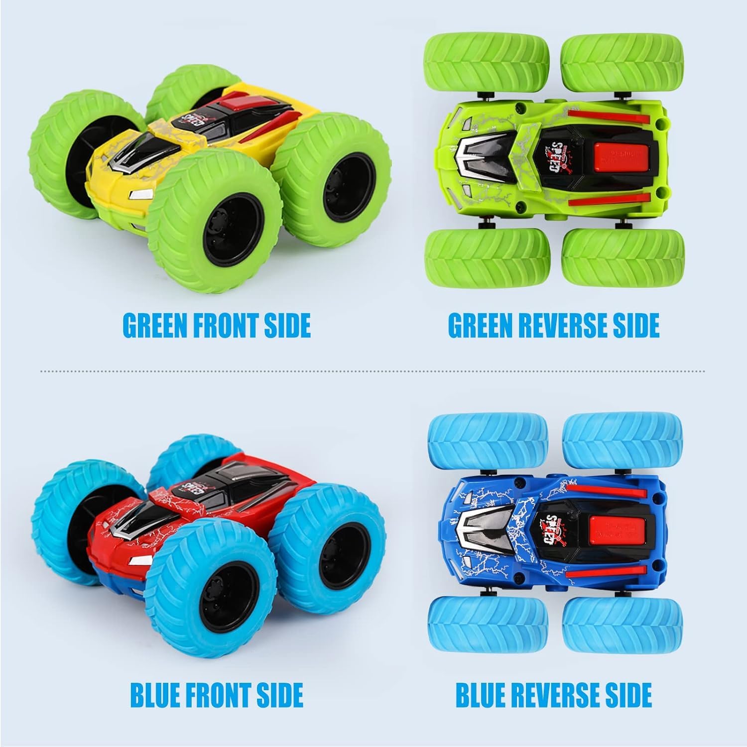 TAPANIYA ENTERPRISE Dynamic Stunt Friction Powered Double-Sided Flip Monster Truck Toy Cars, Blue and Green, Ages 3+, Pack of 2 4