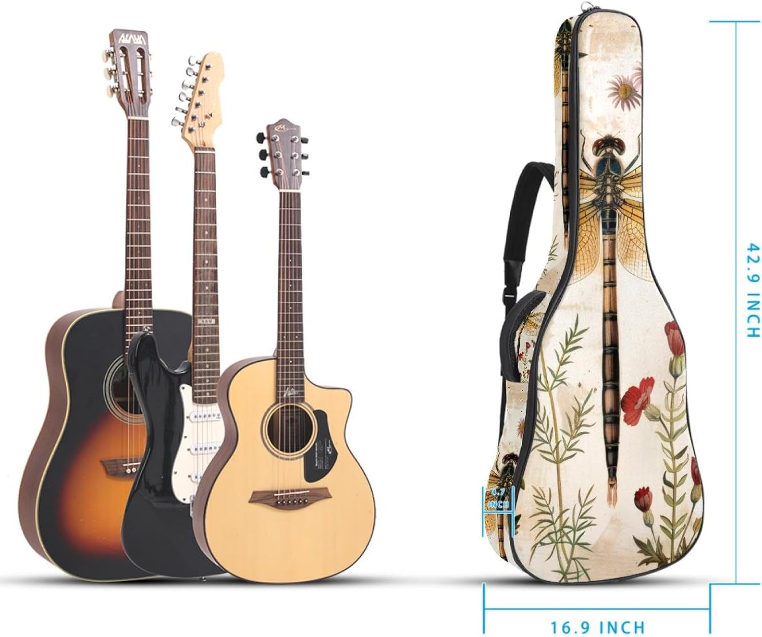 Acoustic Guitar Gig Bag 1 cm Thick Padding, Waterproof Electric Guitar Bag 40-42 Inch Guitar Case Backpack with Dual Shoulder Strap, Vintage Dragonflies Wildflowers Floral Herbs
