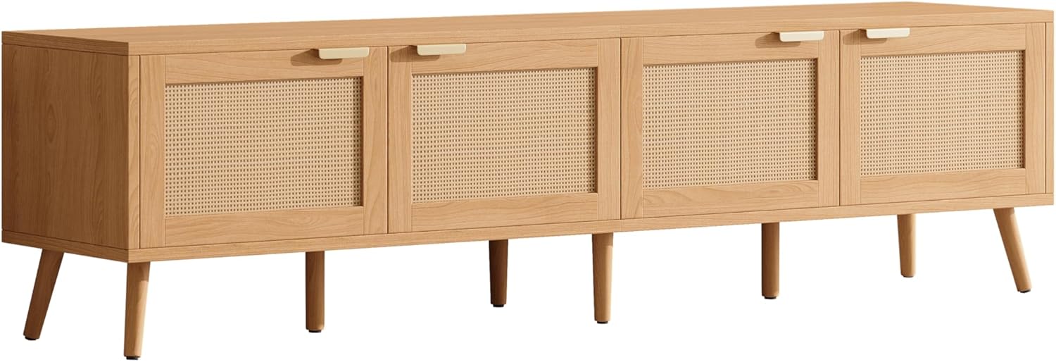 Merax Boho TV Stand for 80 Inch TV, 70" Rattan Entertainment Center with 2 Drawers and 3 Storage Cabinets, TV Media Console Table with Solid Wood Legs & Cable Holes for Living Room, Bedroom