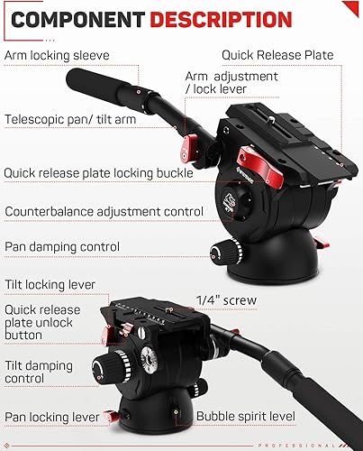 Miniatura 13 de IFOOTAGE Cabezal fluido de video Komodo K5S, cabezal de video de aluminio para trípode monopie, montaje de cabezal de fluido de cámara para cámara