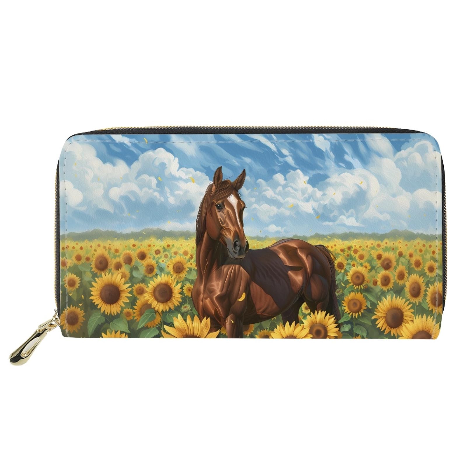 JOAIFO Sunflower Horse Blue Sky Print Wallet Womens PU Leather Passport Holder Portable Clutch Travel Coin Purse Card Phone Holder with Zipper